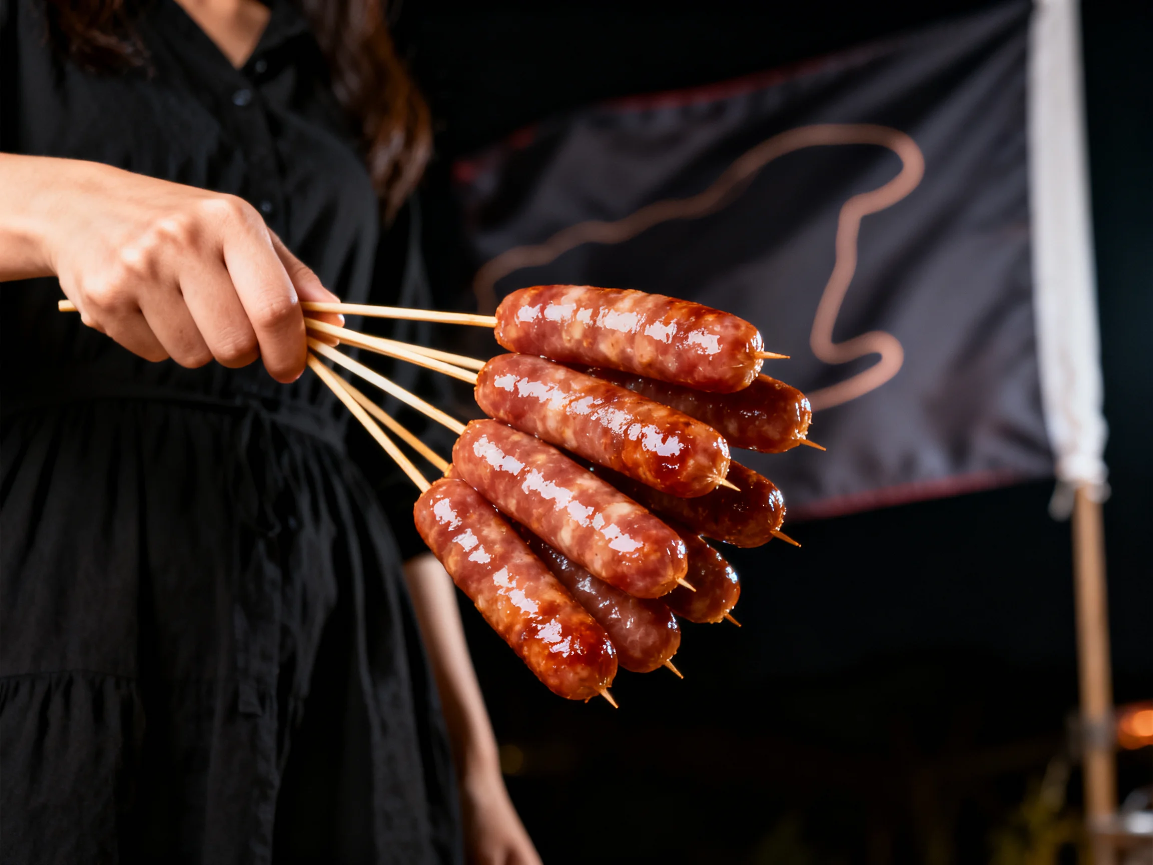 Six skewers of glossy grilled sausages held by a person in black