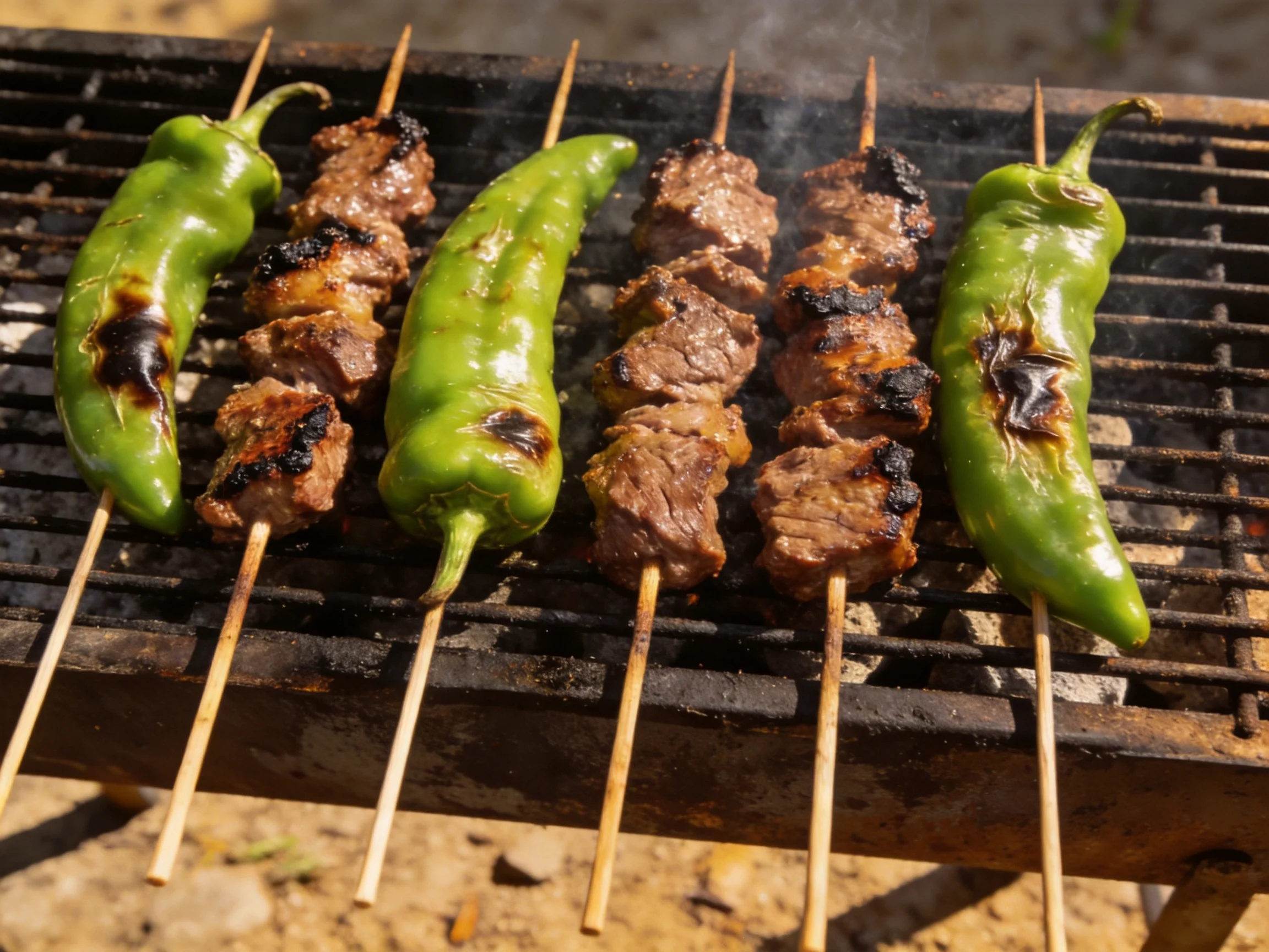 Six skewers of grilled beef and green peppers on a rustic outdoor grill