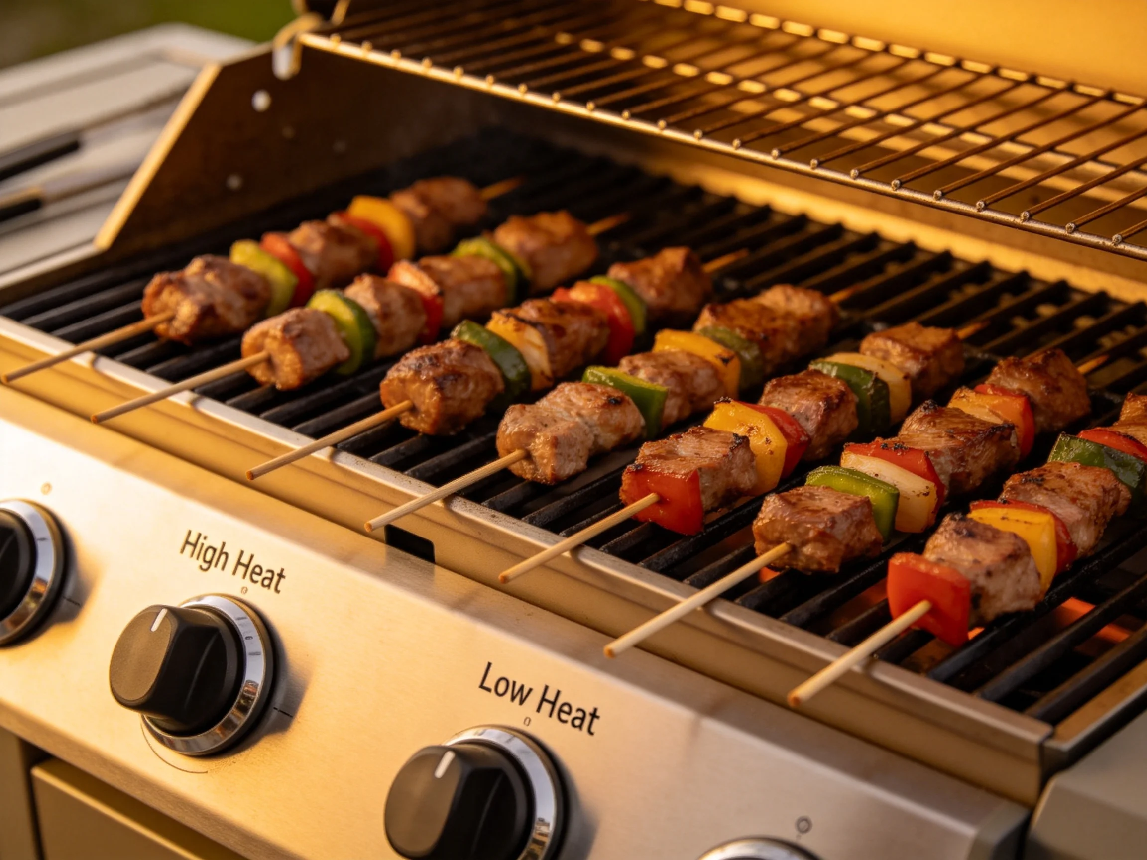 Six skewers of meat and veggies sizzle on an open stainless steel grill