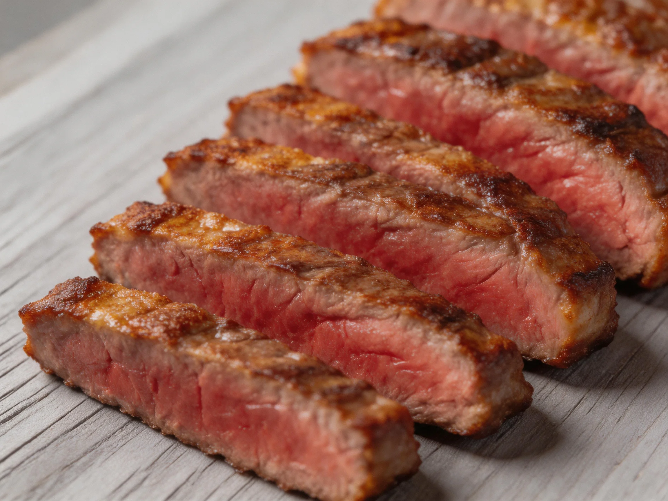 Six slices of medium-rare steak with seared exteriors