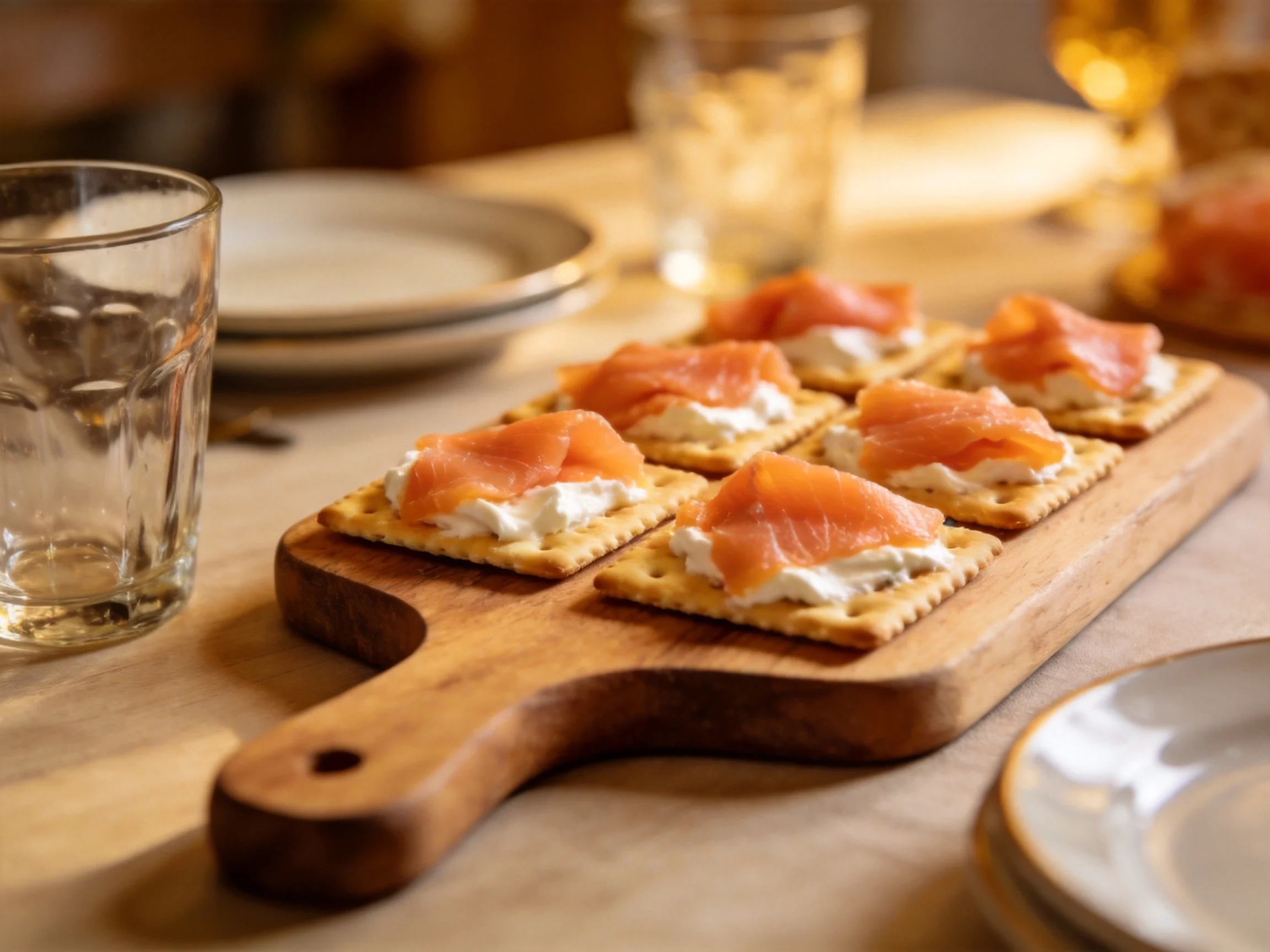 Six smoked salmon-topped crackers on a wooden serving board