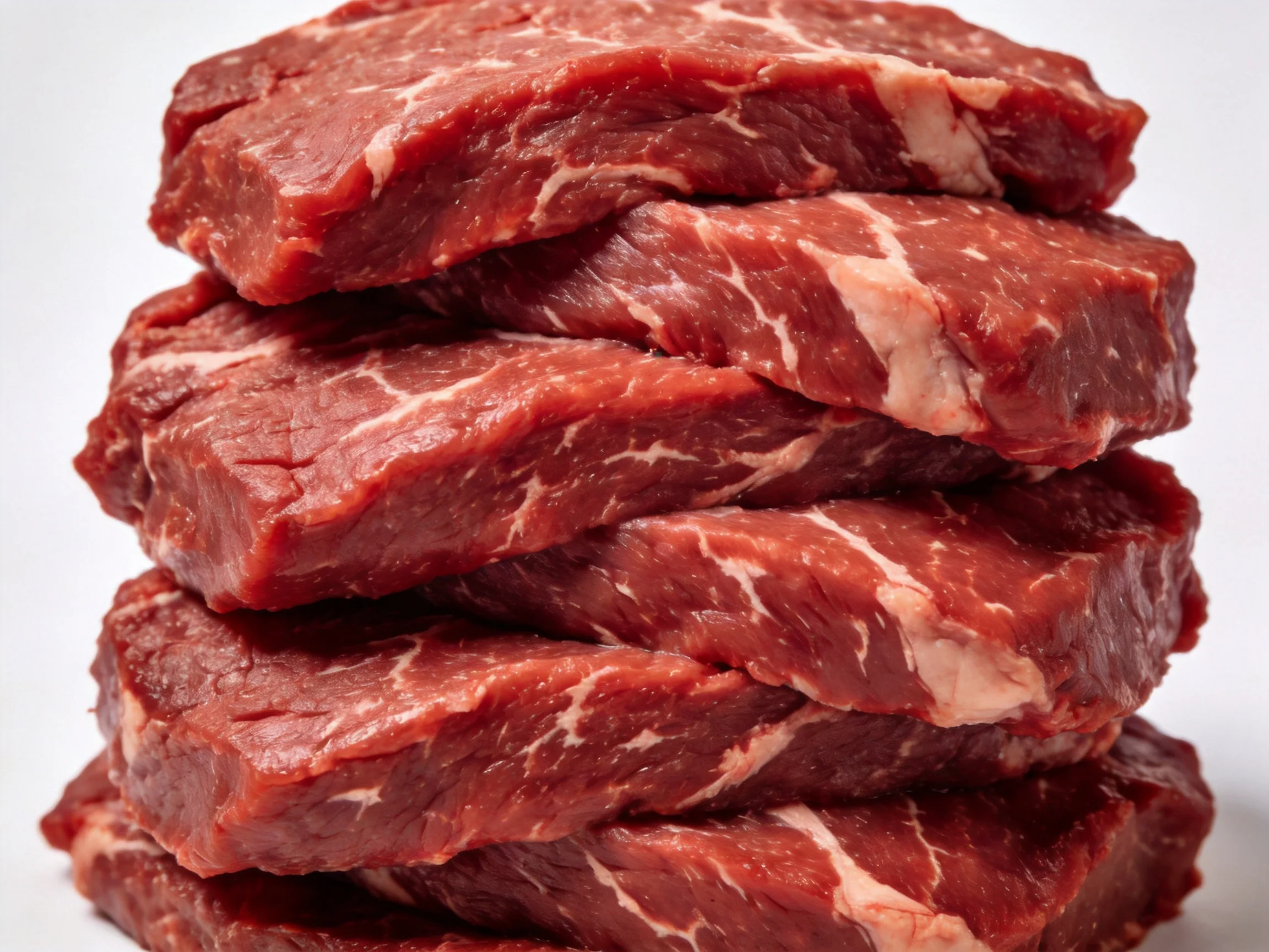 Six thick slices of marbled red beef stacked vertically