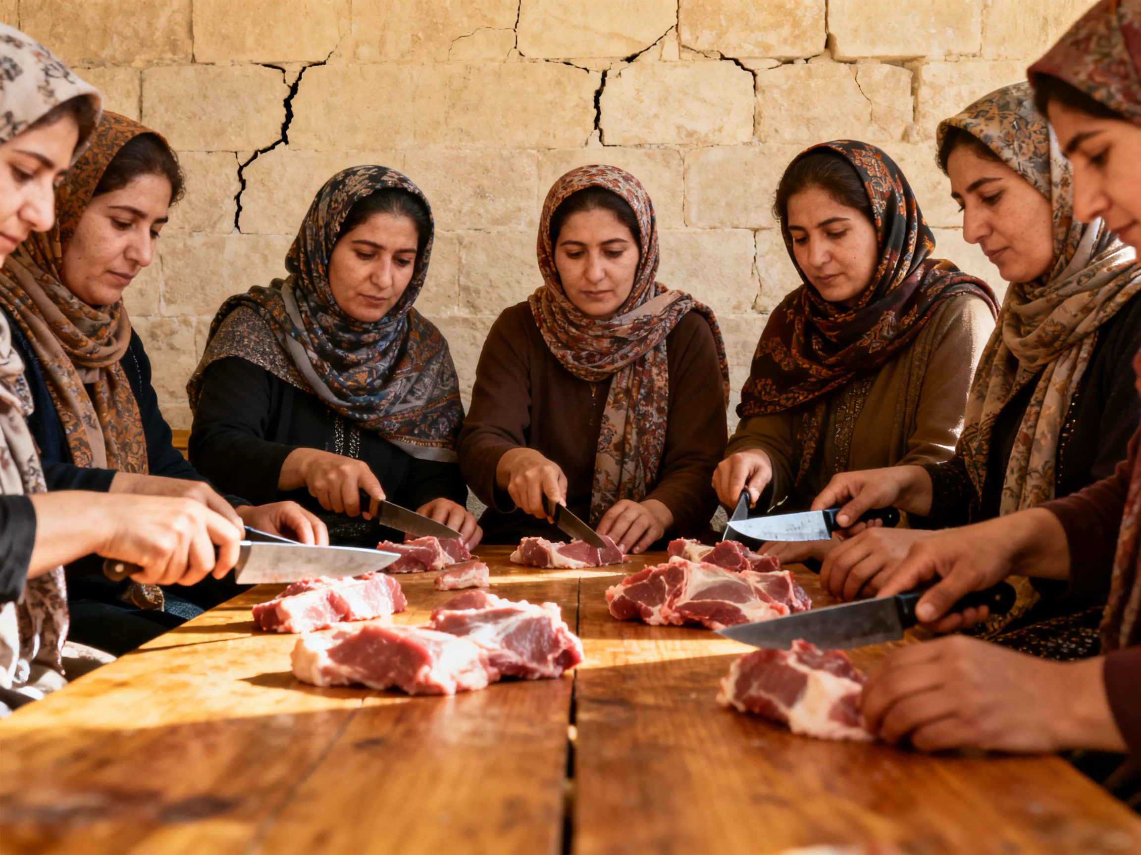 Six women in patterned headscarves cut raw meat on a wooden table