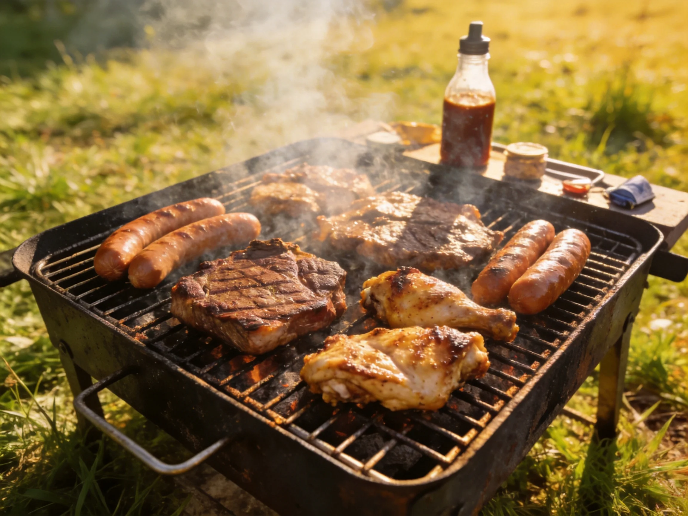 Sizzling assortment of grilled meats on an outdoor barbecue