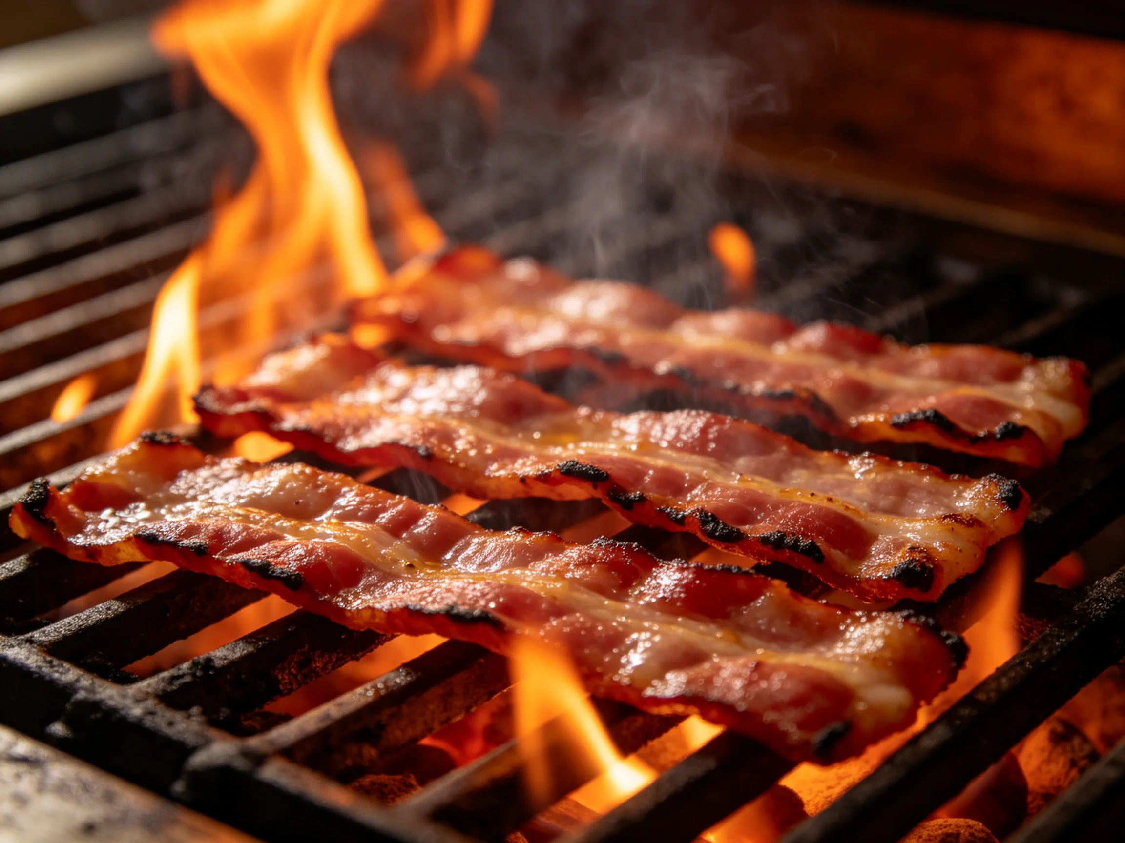 Sizzling bacon strips with charred edges over bright orange flames on a grill