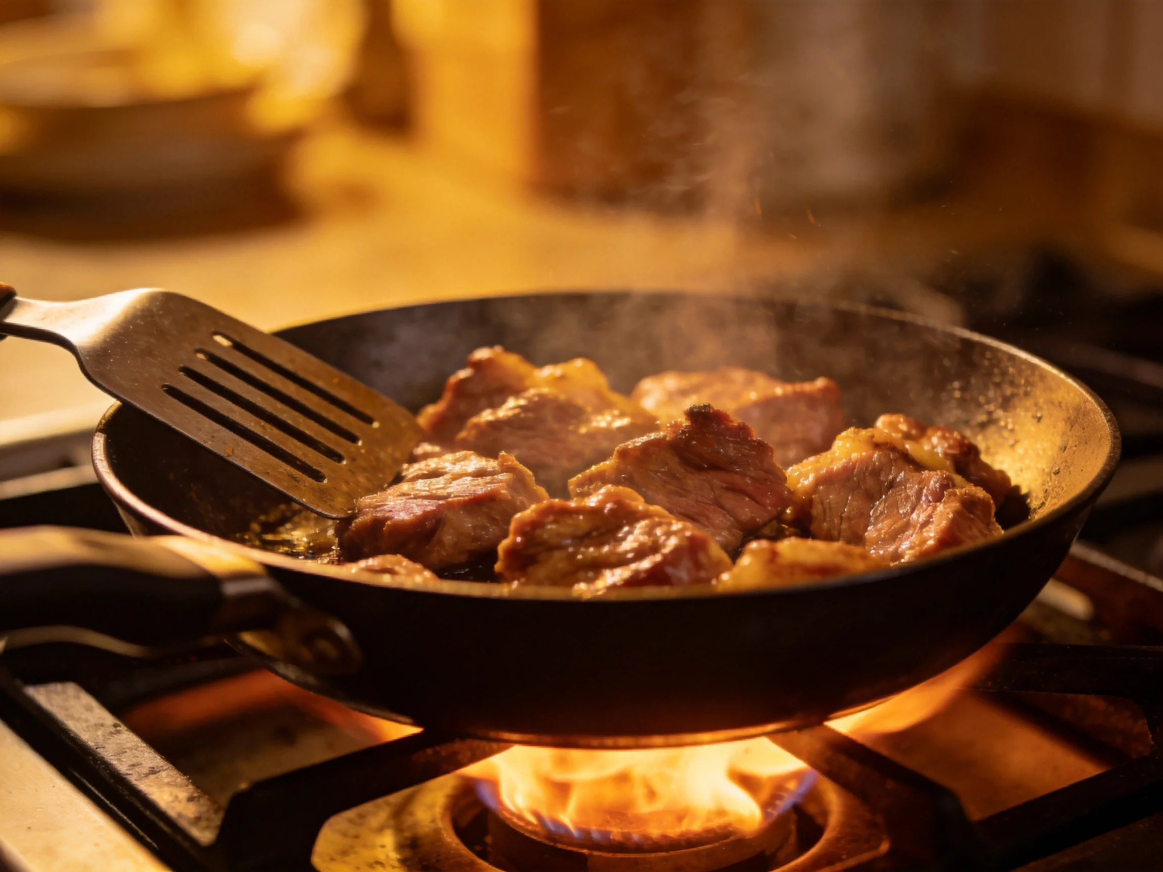 Sizzling beef pieces cook in a black cast iron skillet over a gas stove