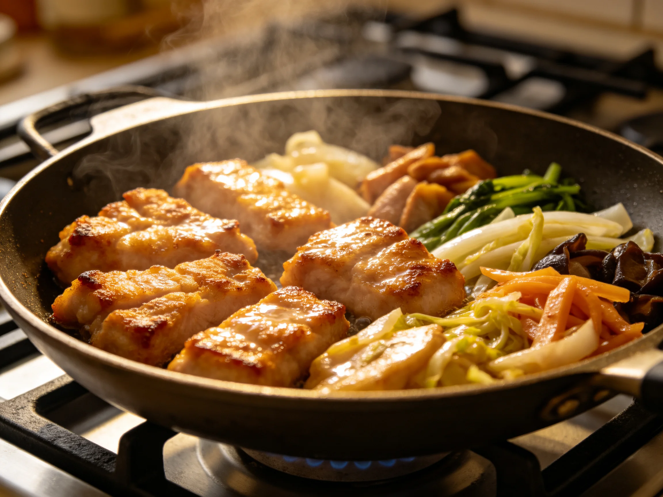 Sizzling golden pork with assorted vegetables in a frying pan