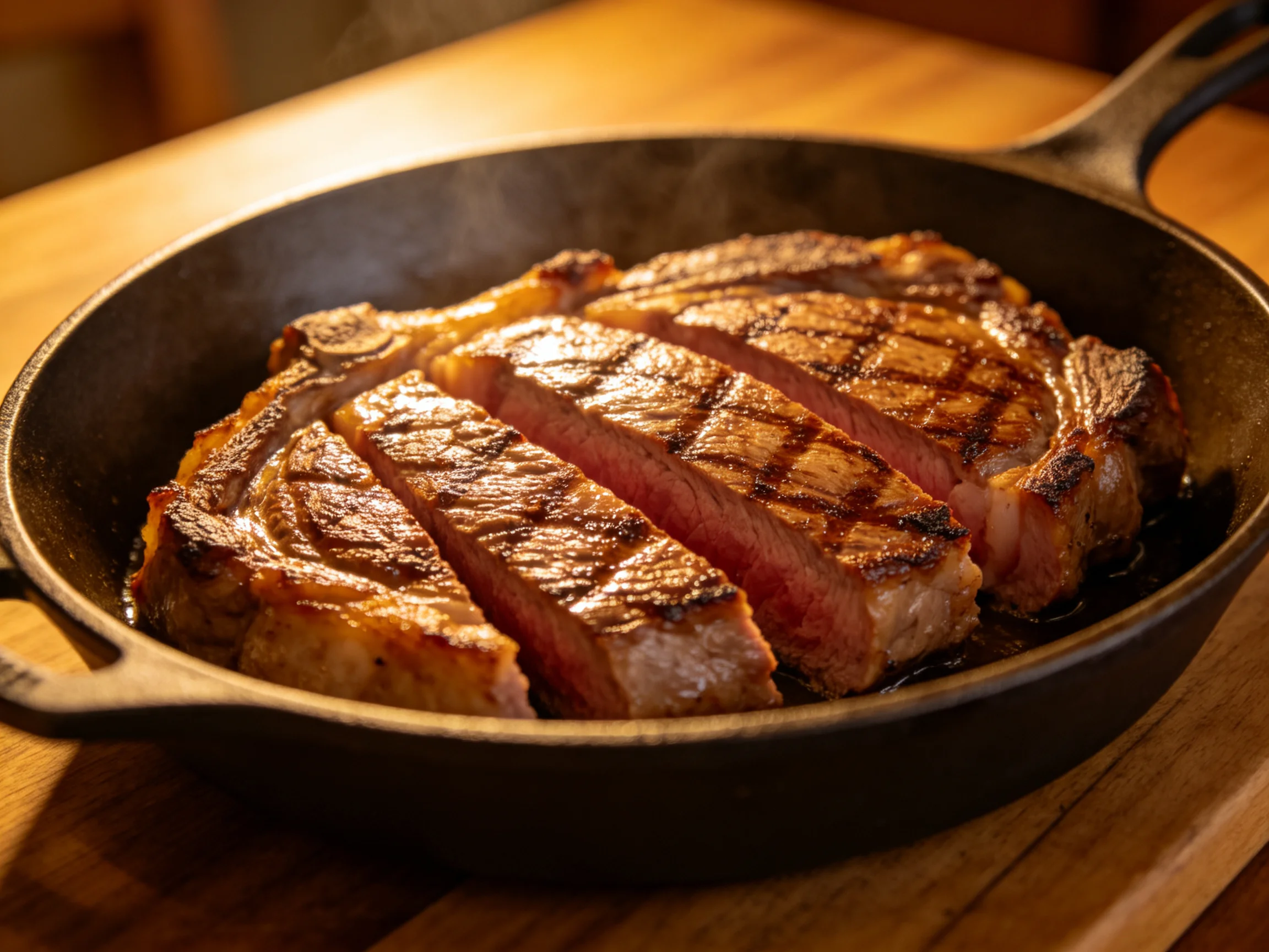 Sizzling grilled steaks sliced in a cast iron skillet with golden-brown crusts