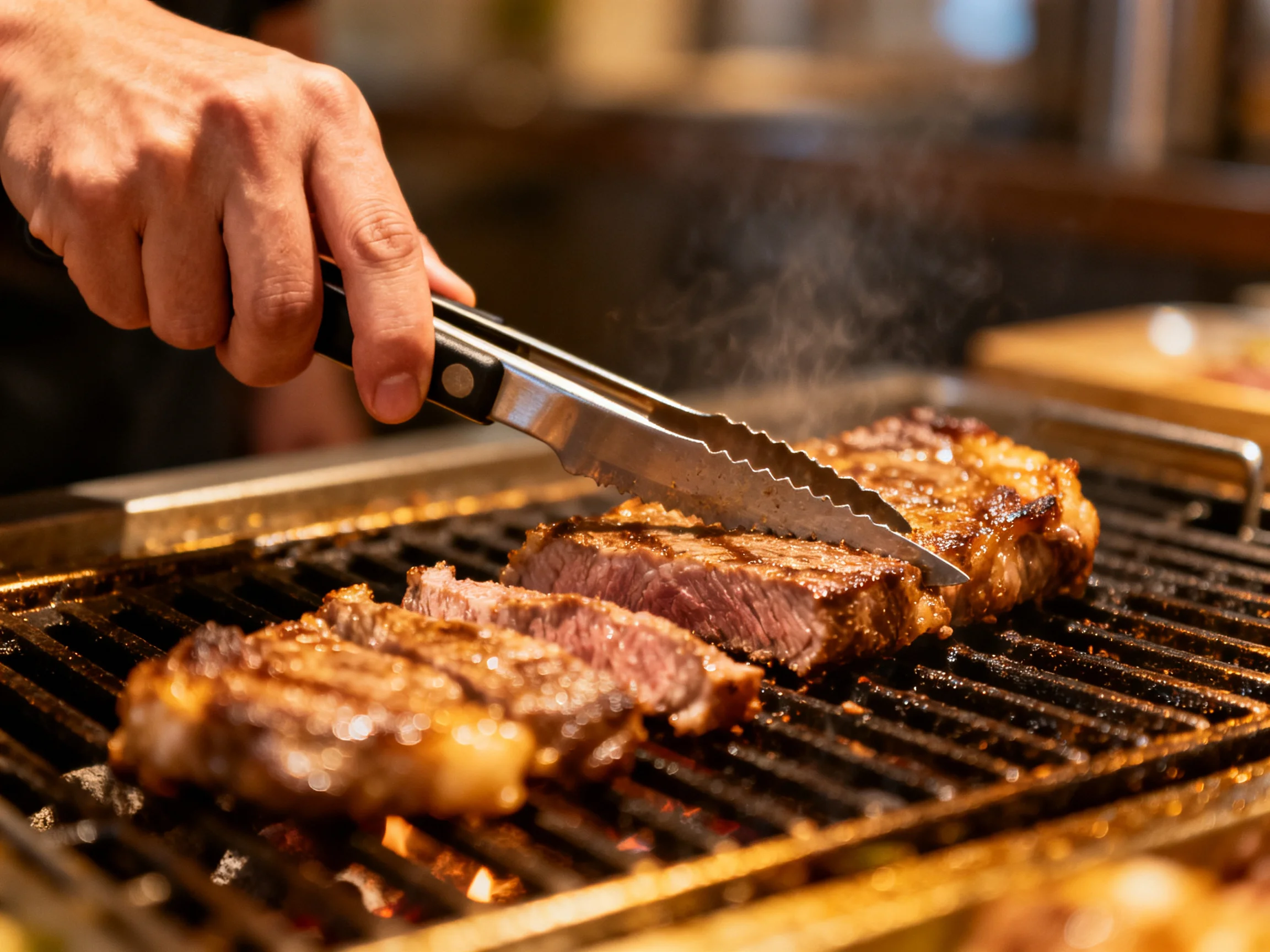 Sizzling grilled steaks sliced with metal tongs on a hot grill