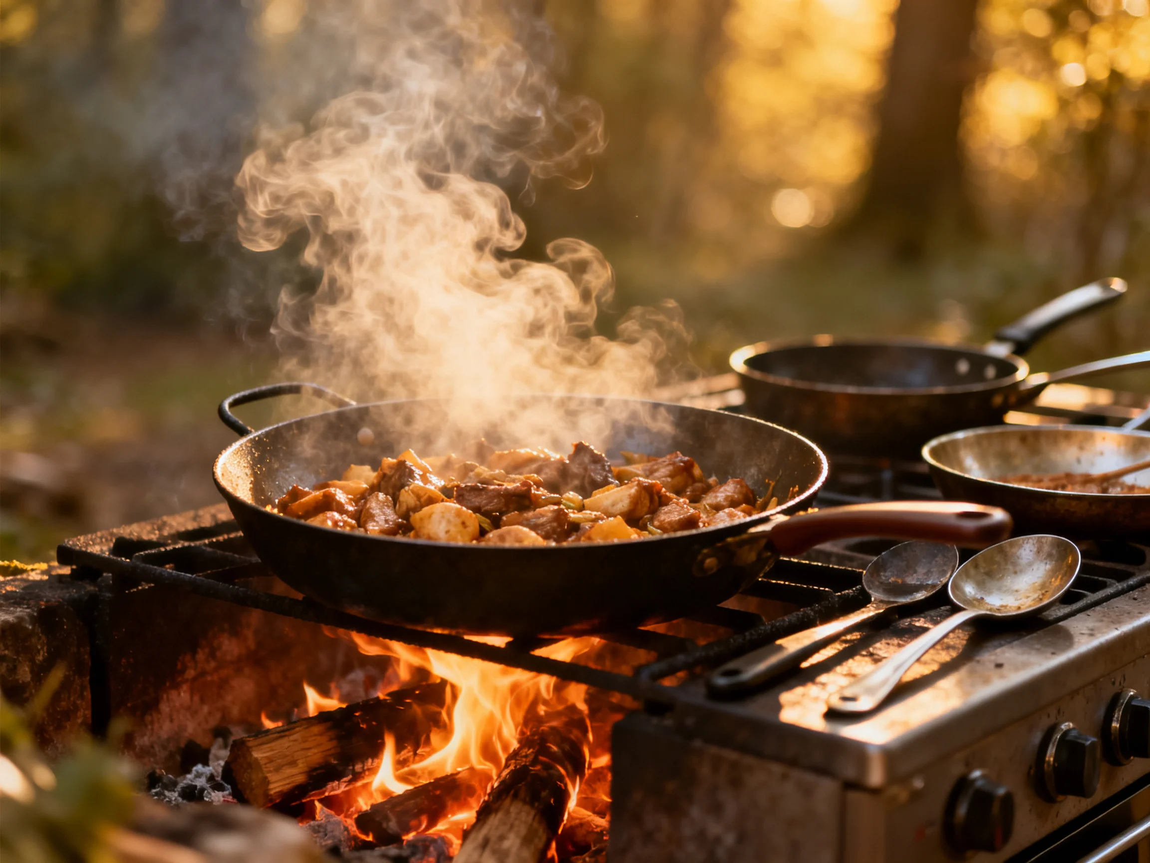 Sizzling meal cooks over open fire in forest clearing