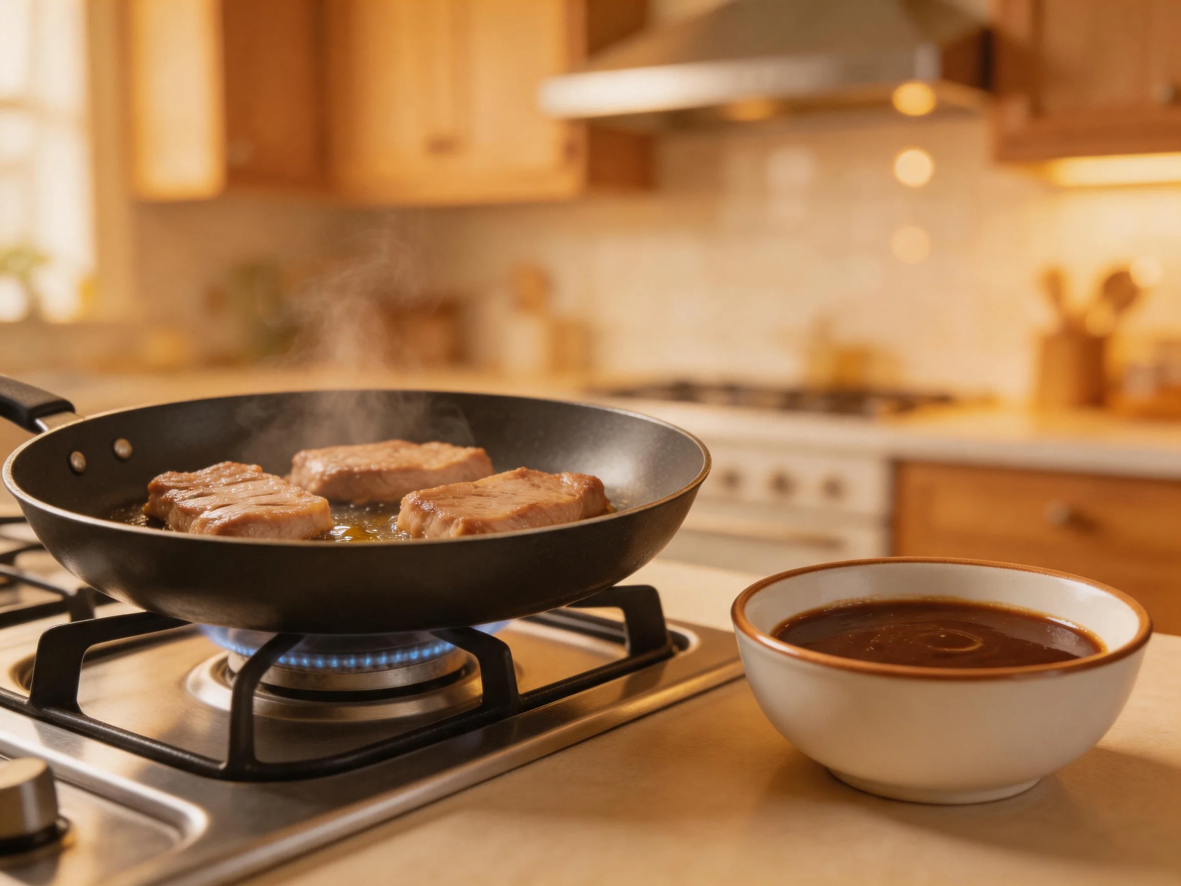 Sizzling pork chops in a black skillet with a brown sauce bowl
