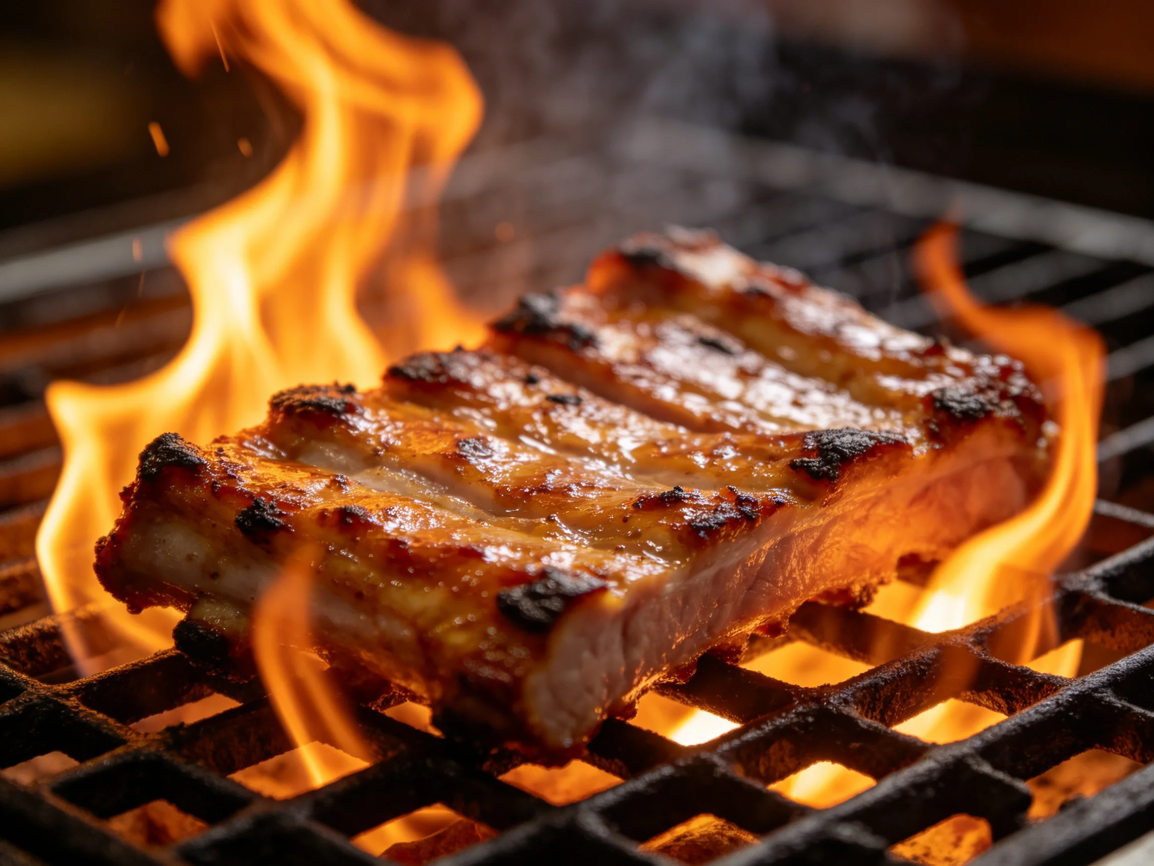Sizzling pork ribs cook over bright orange flames on a black grill
