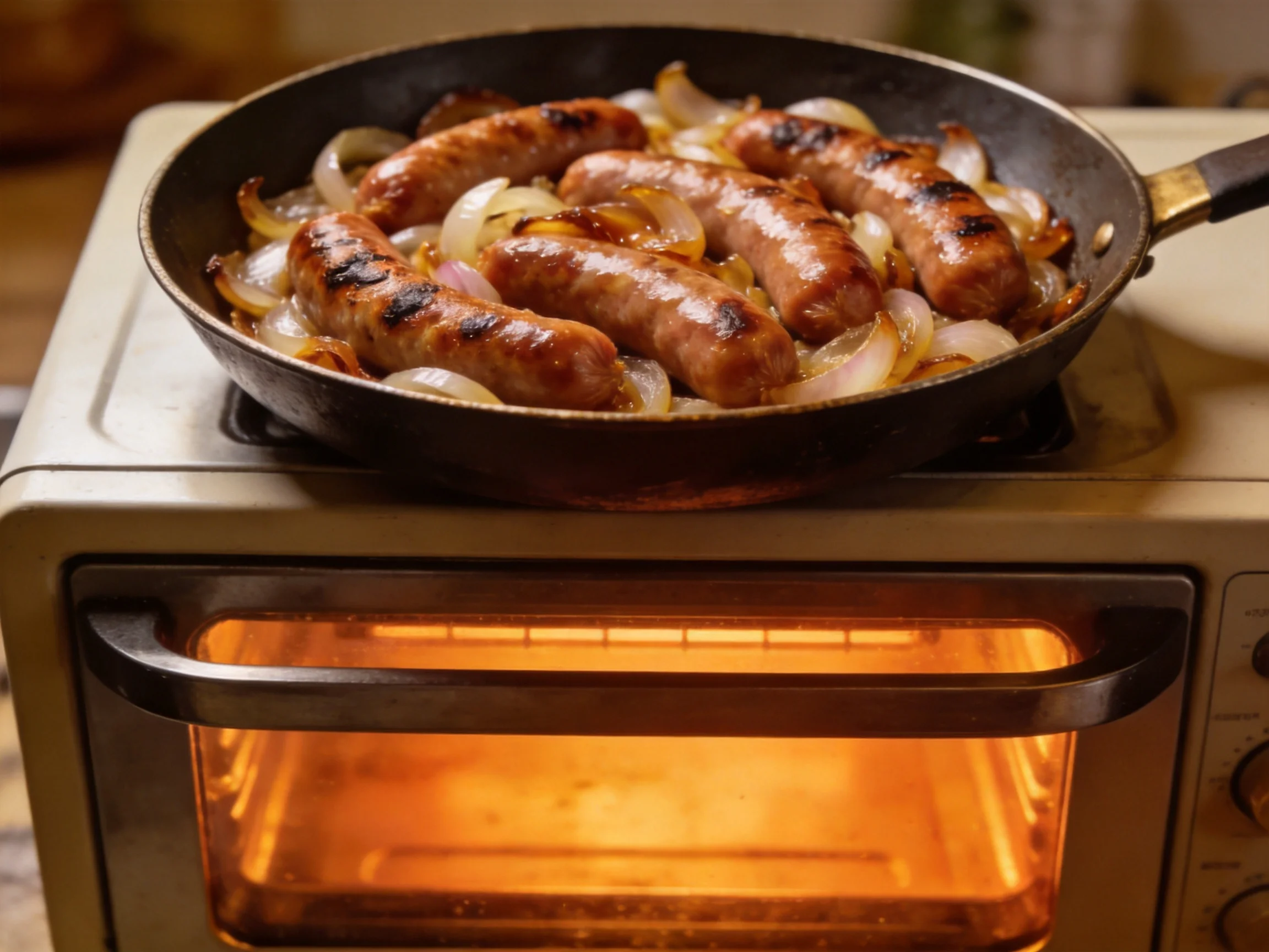 Sizzling sausages and caramelized onions in a cast iron pan atop a lit toaster oven