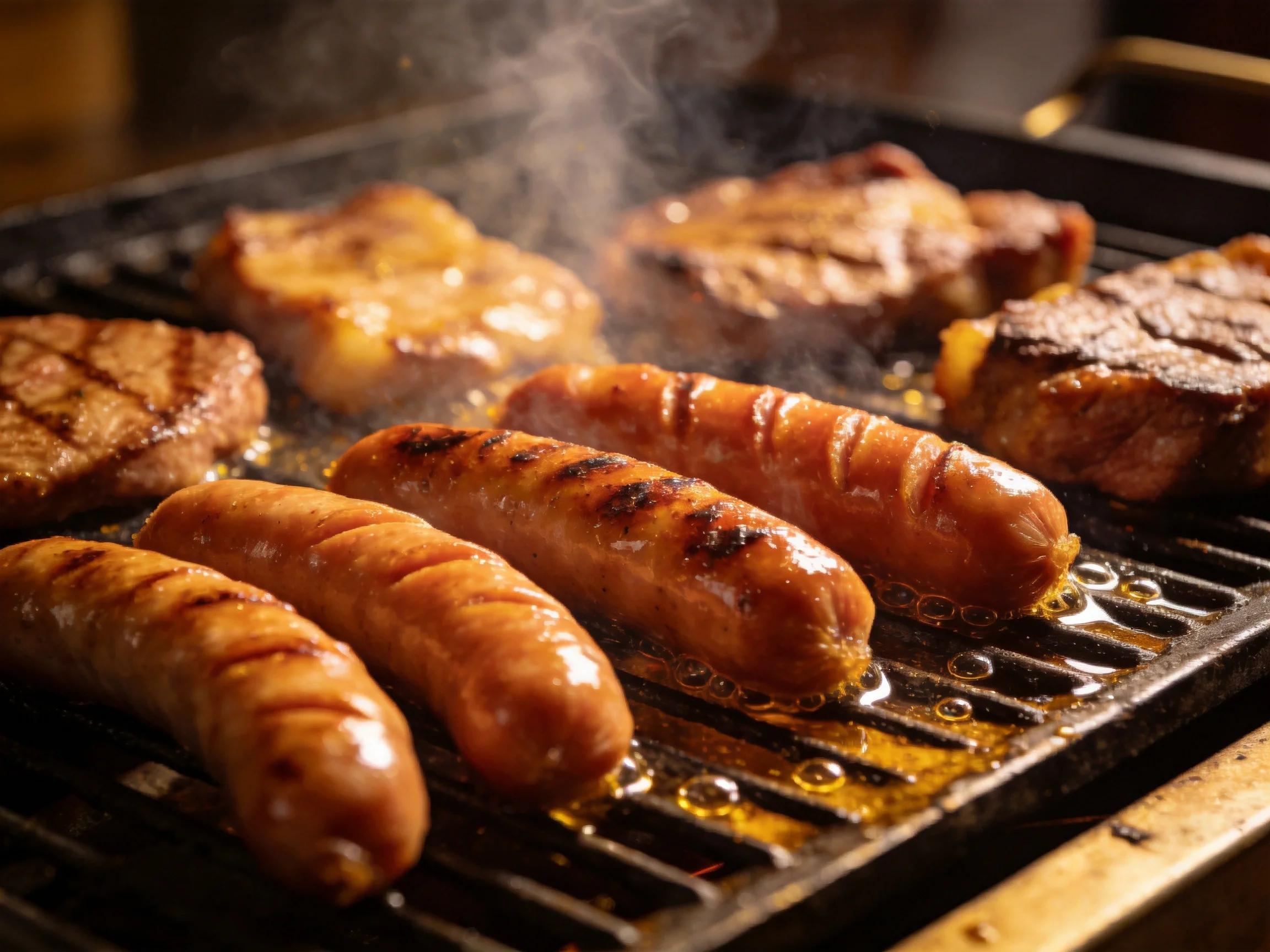Sizzling sausages and grilled steaks cook over a hot barbecue grill