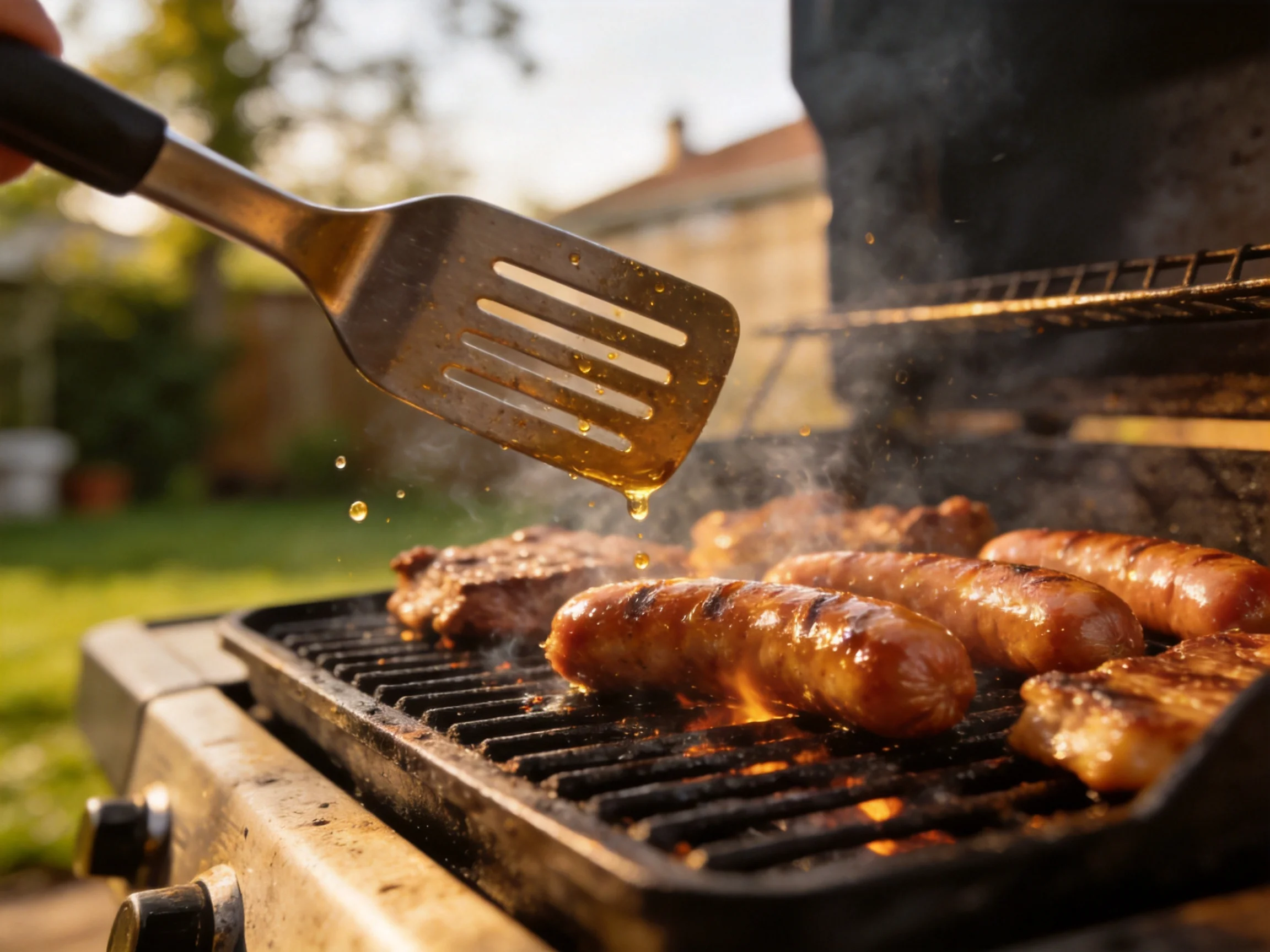 Sizzling sausages and steaks grill on an outdoor barbecue