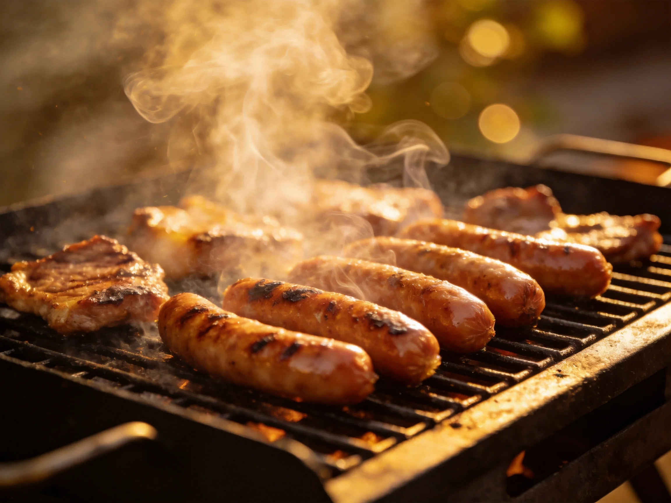 Sizzling sausages and steaks on a black grill with rising smoke