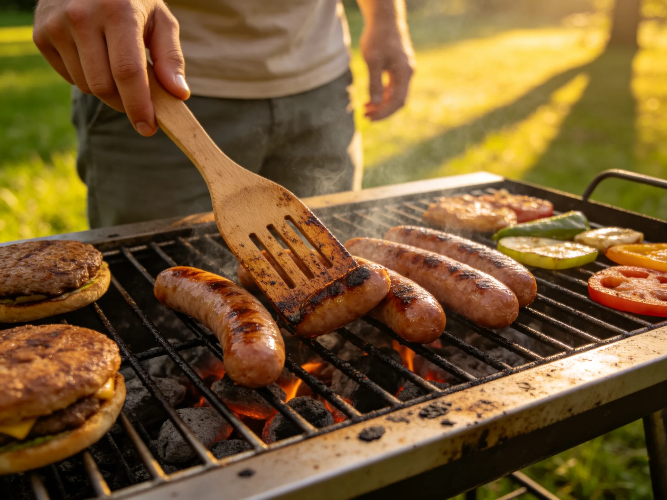 Sizzling sausages, burgers, and veggies on a charcoal grill outdoors