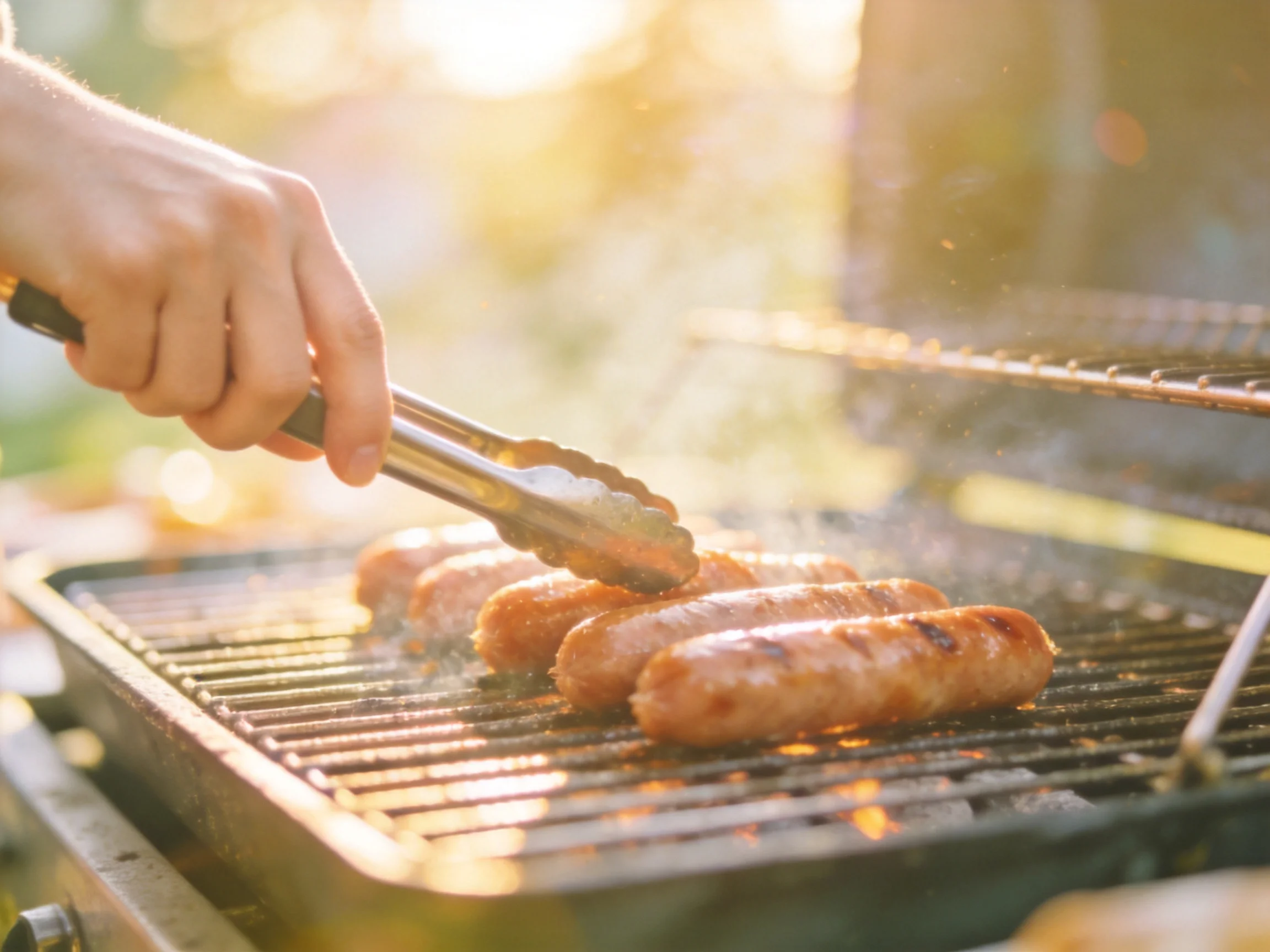 Sizzling sausages grilled on a barbecue under warm sunlight