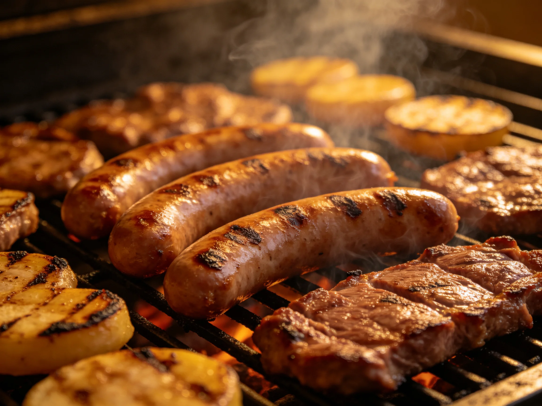 Sizzling sausages, steaks, and grilled veggies on a hot grill