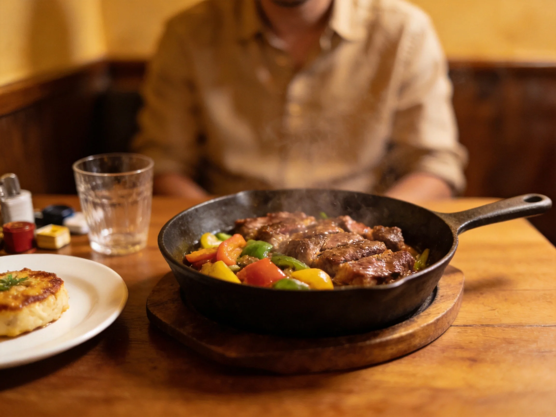 Sizzling skillet with meat and colorful peppers beside a plated dish in a cozy restaurant