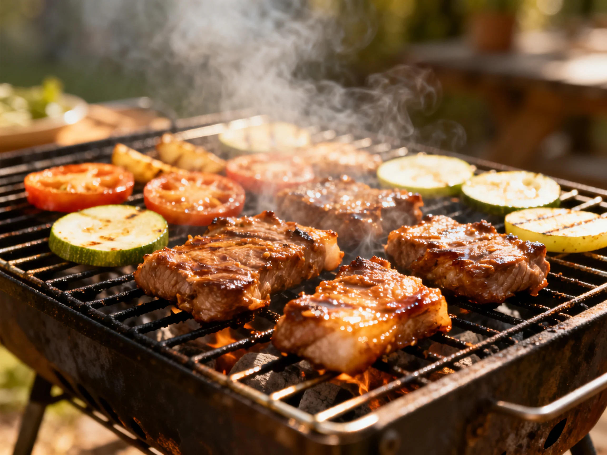 Sizzling steaks and grilled vegetables on a charcoal barbecue