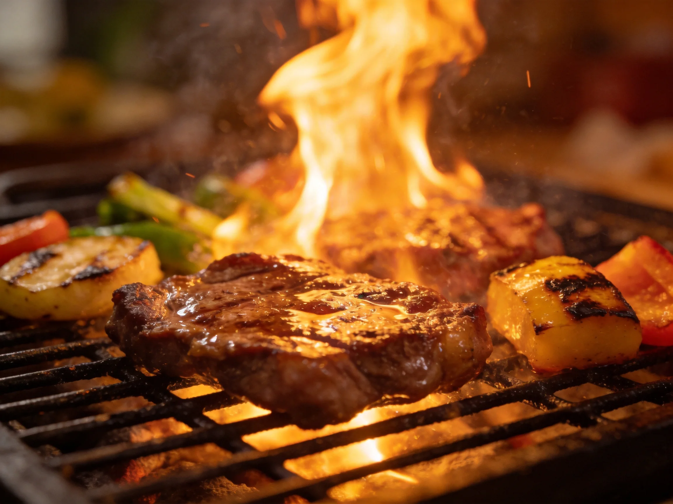 Sizzling steaks and grilled vegetables over roaring flames