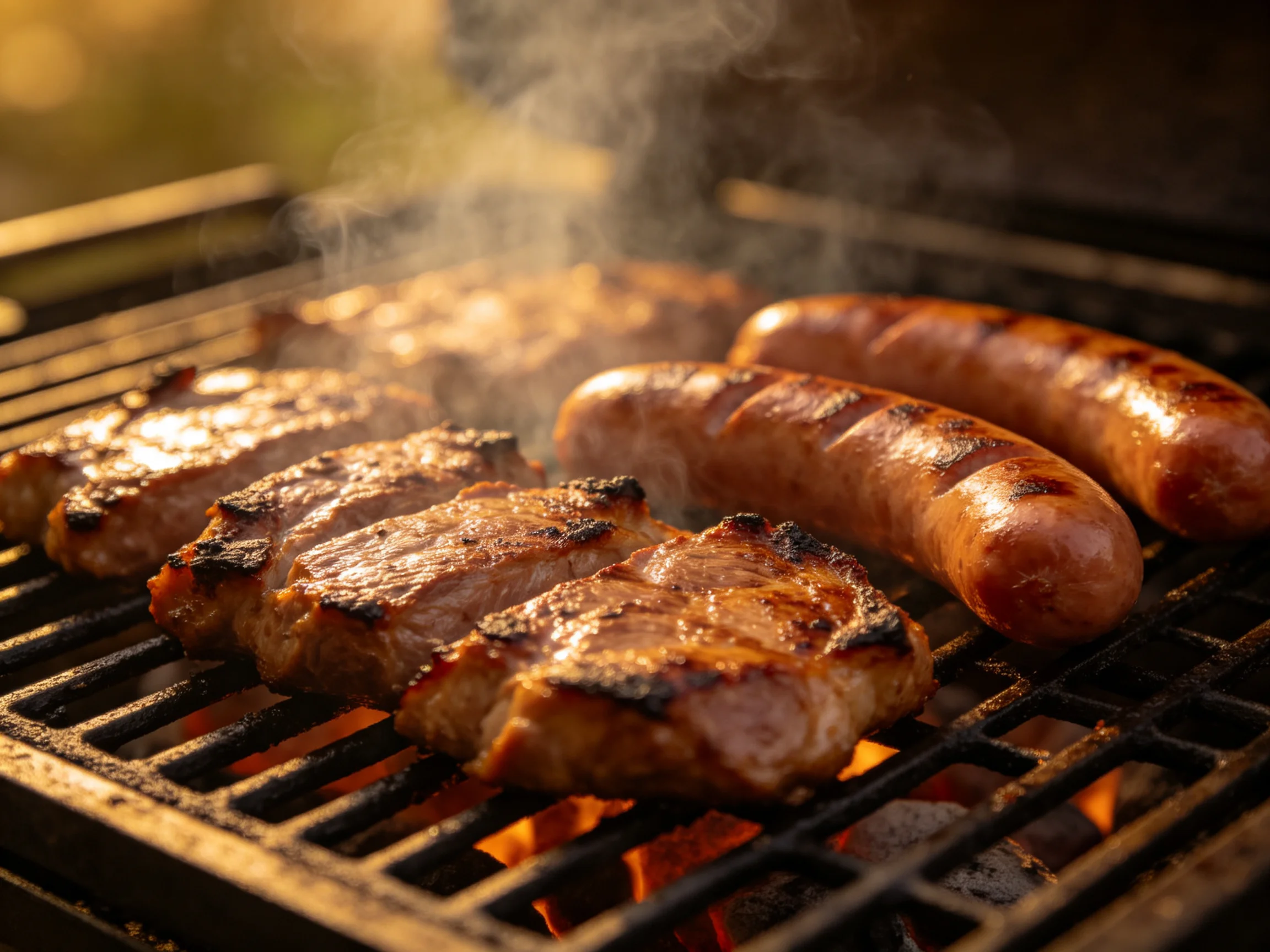 Sizzling steaks and sausages grill over bright embers