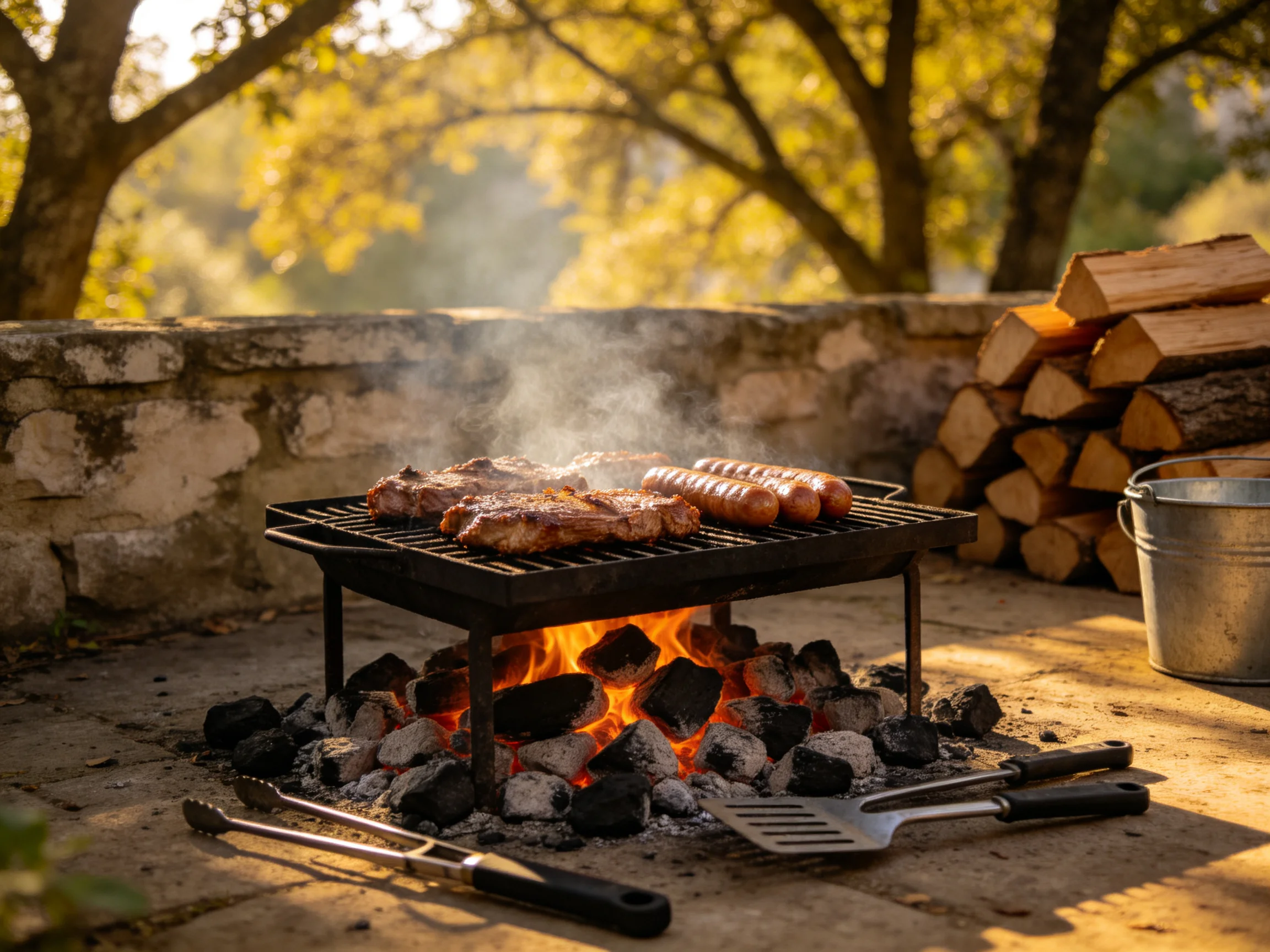 Sizzling steaks and sausages grilled over charcoal near stacked firewood