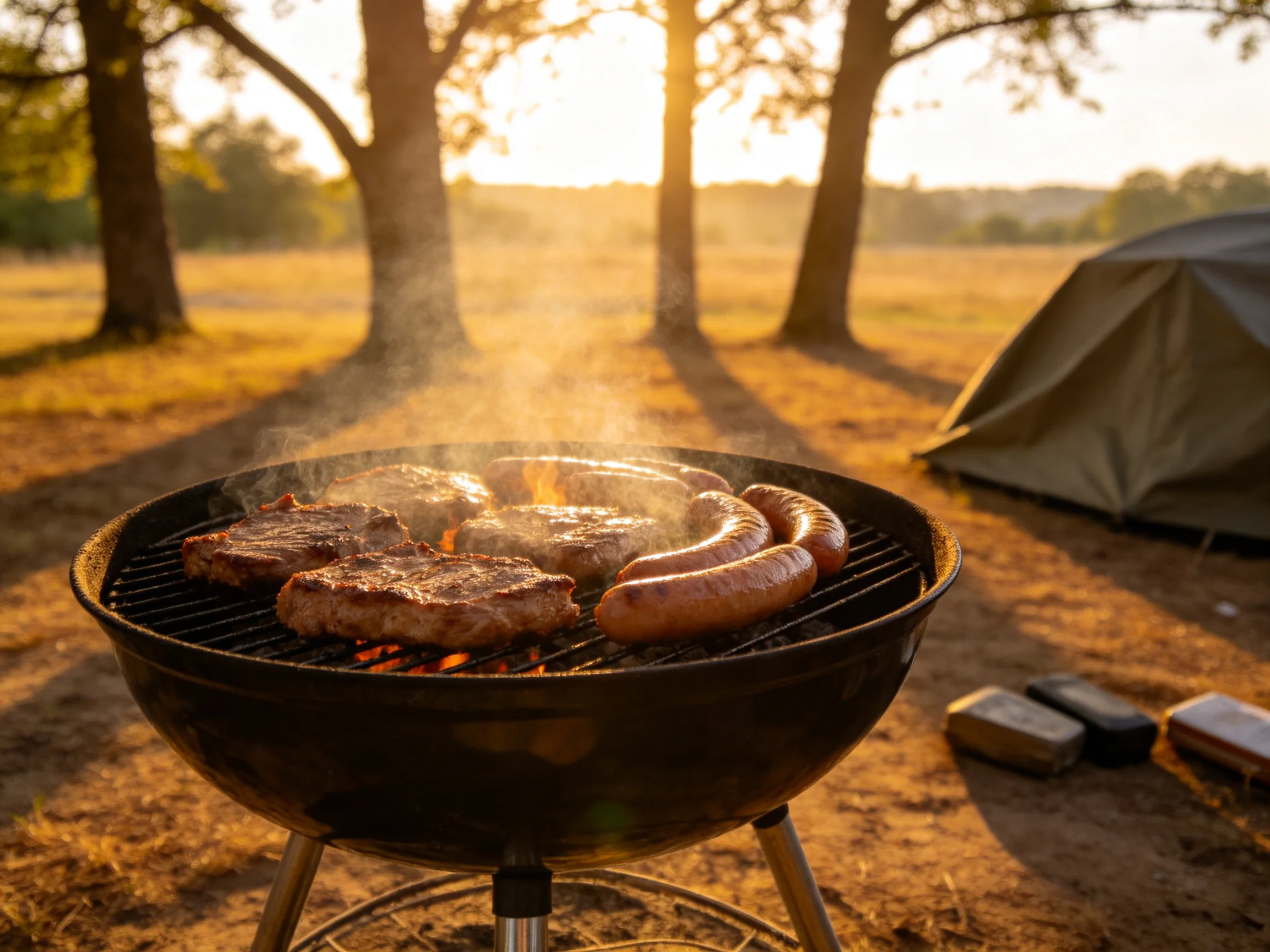 Steaks and sausages cook on a charcoal grill during a sunny outdoor camping trip.