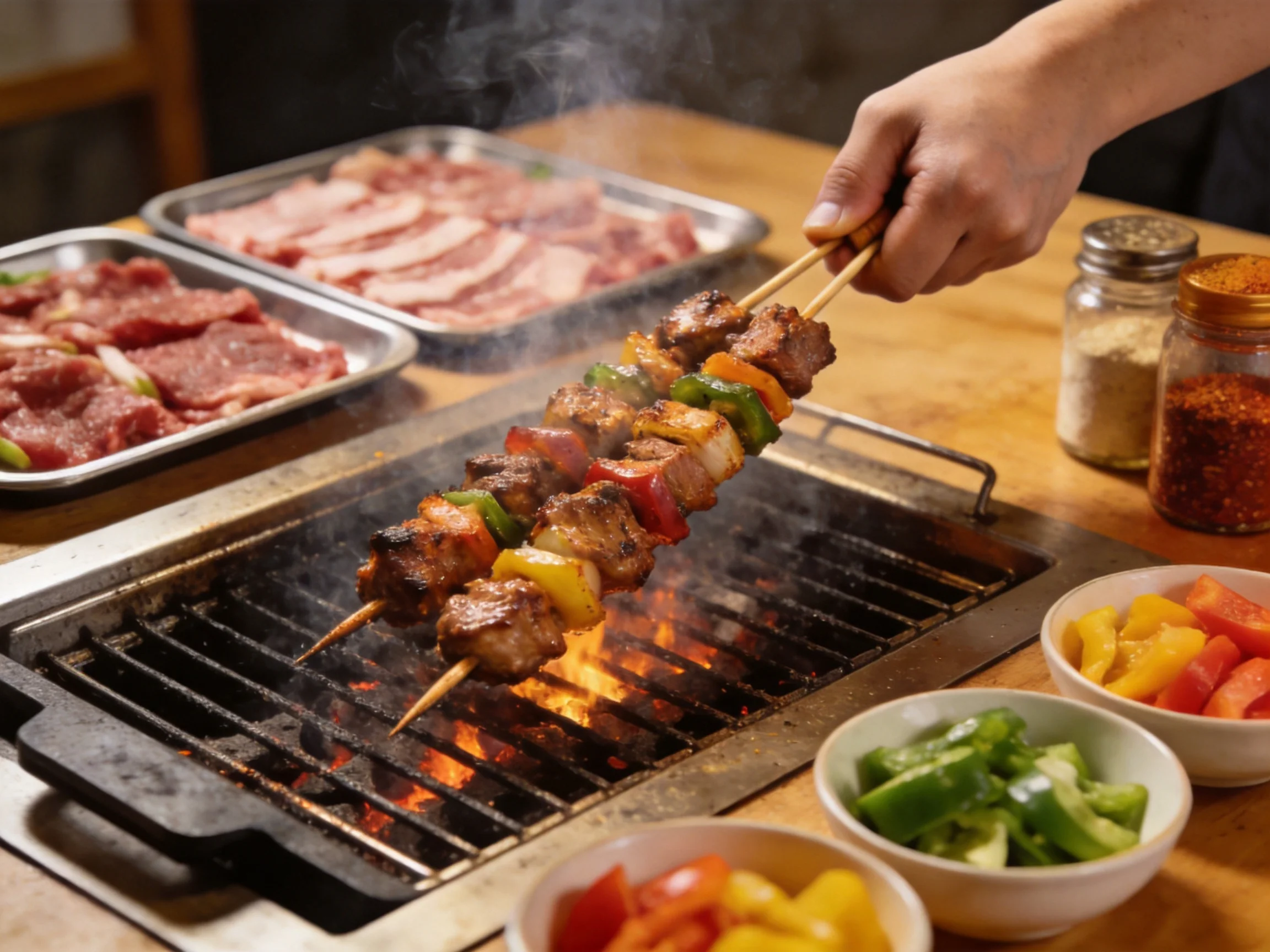 Skewer of grilled meat and peppers grilling near raw meat trays