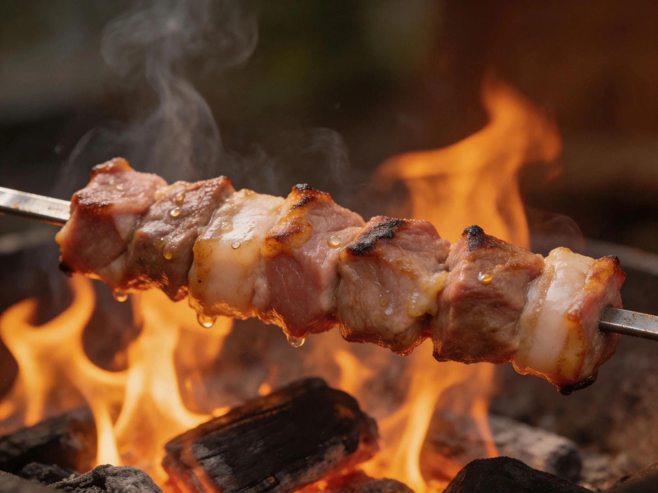 Skewer of juicy pork chunks grilling over vibrant orange flames