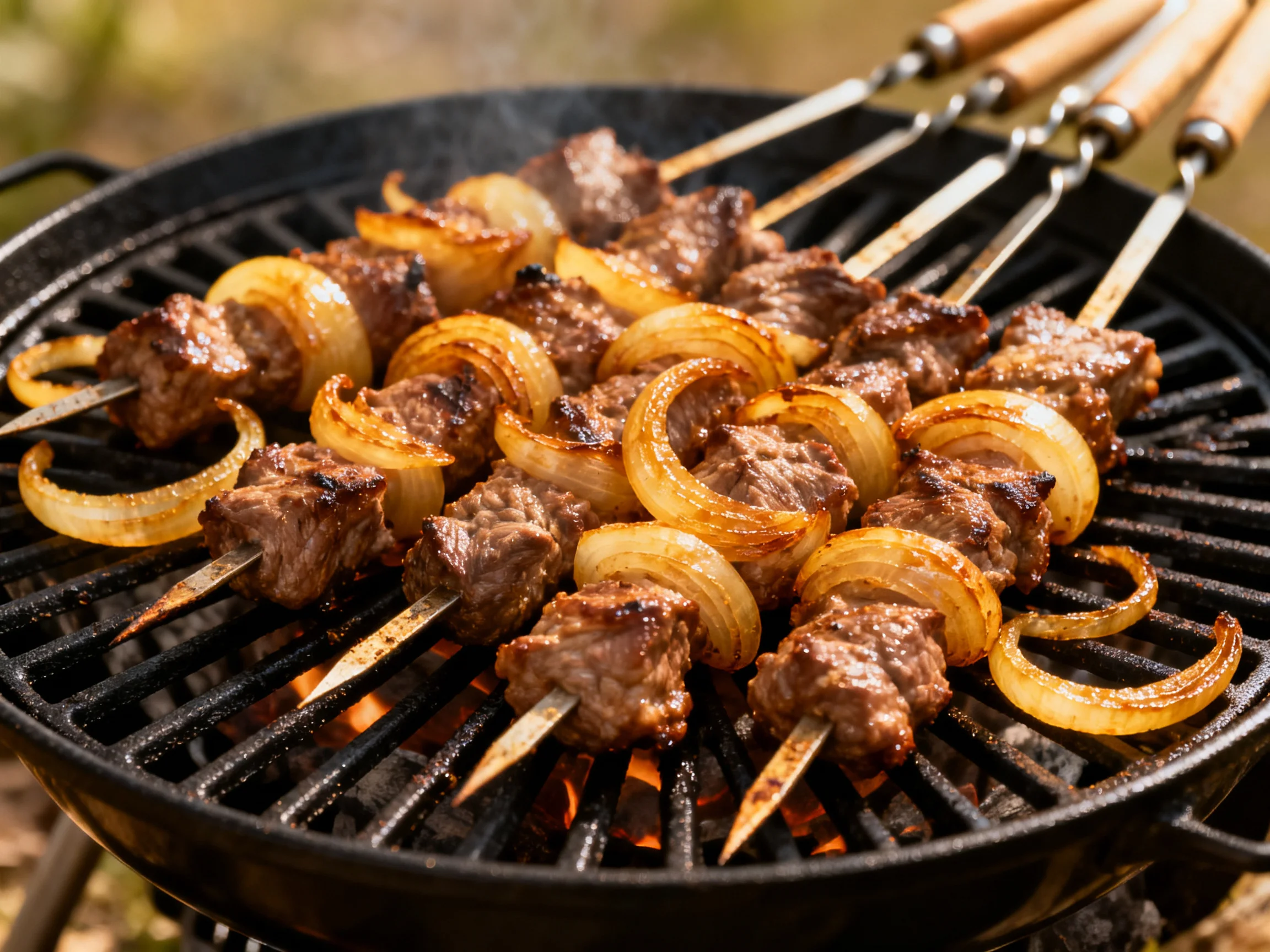 Skewered beef and caramelized onions grilling on a black barbecue