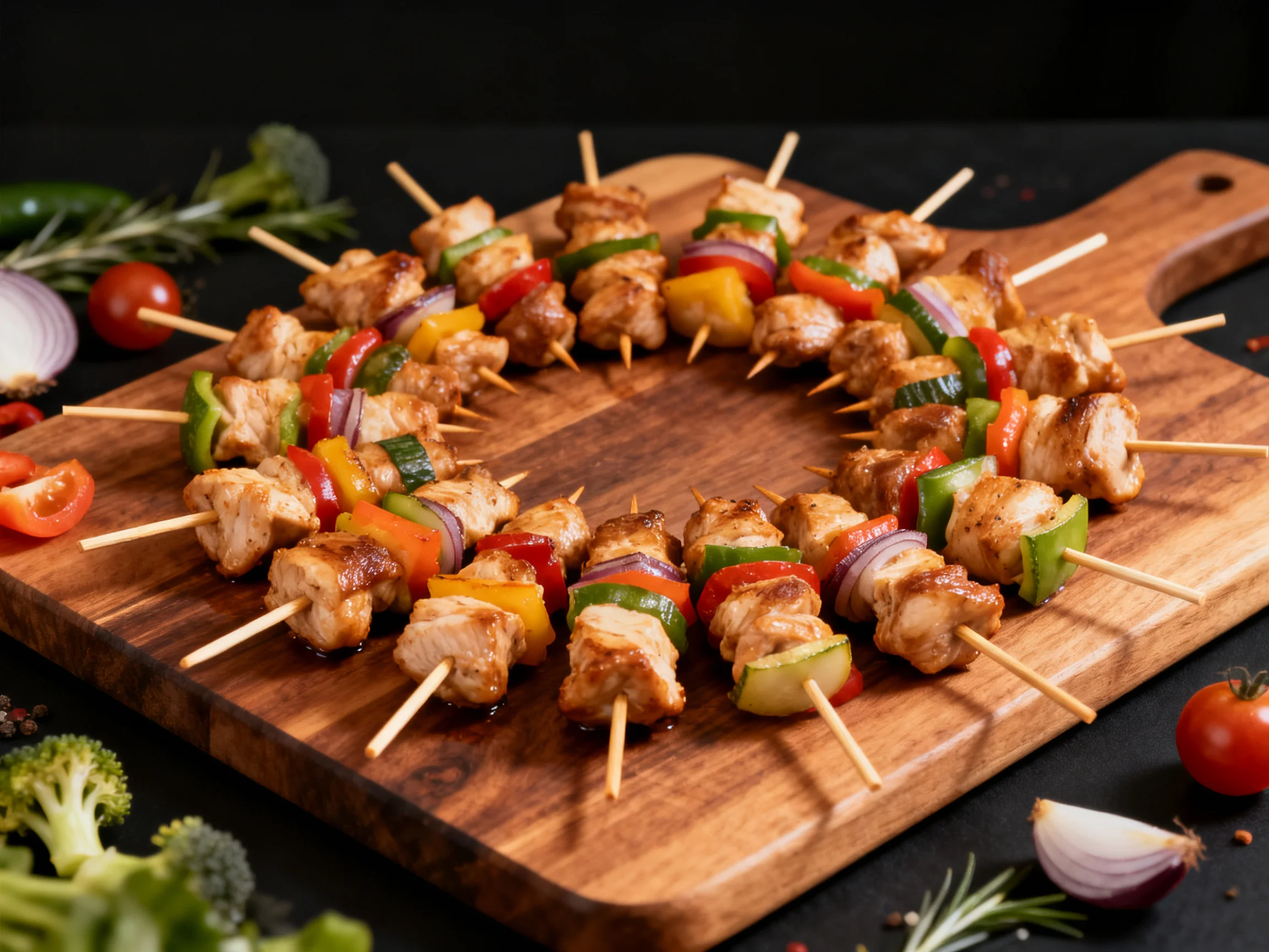 Skewered chicken and colorful vegetables arranged on a wooden cutting board
