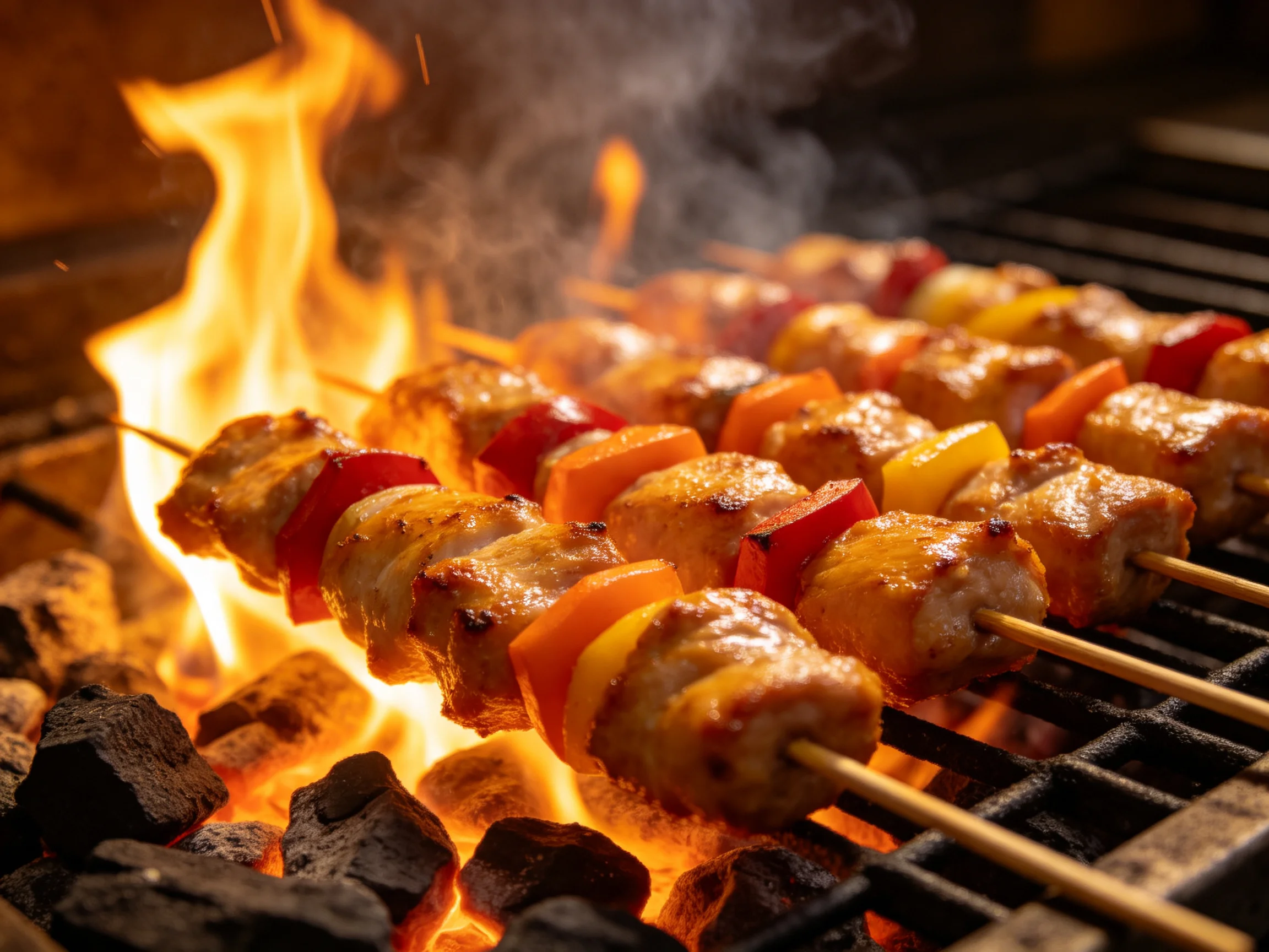 Skewered chicken and peppers sizzle over bright flames on a charcoal grill