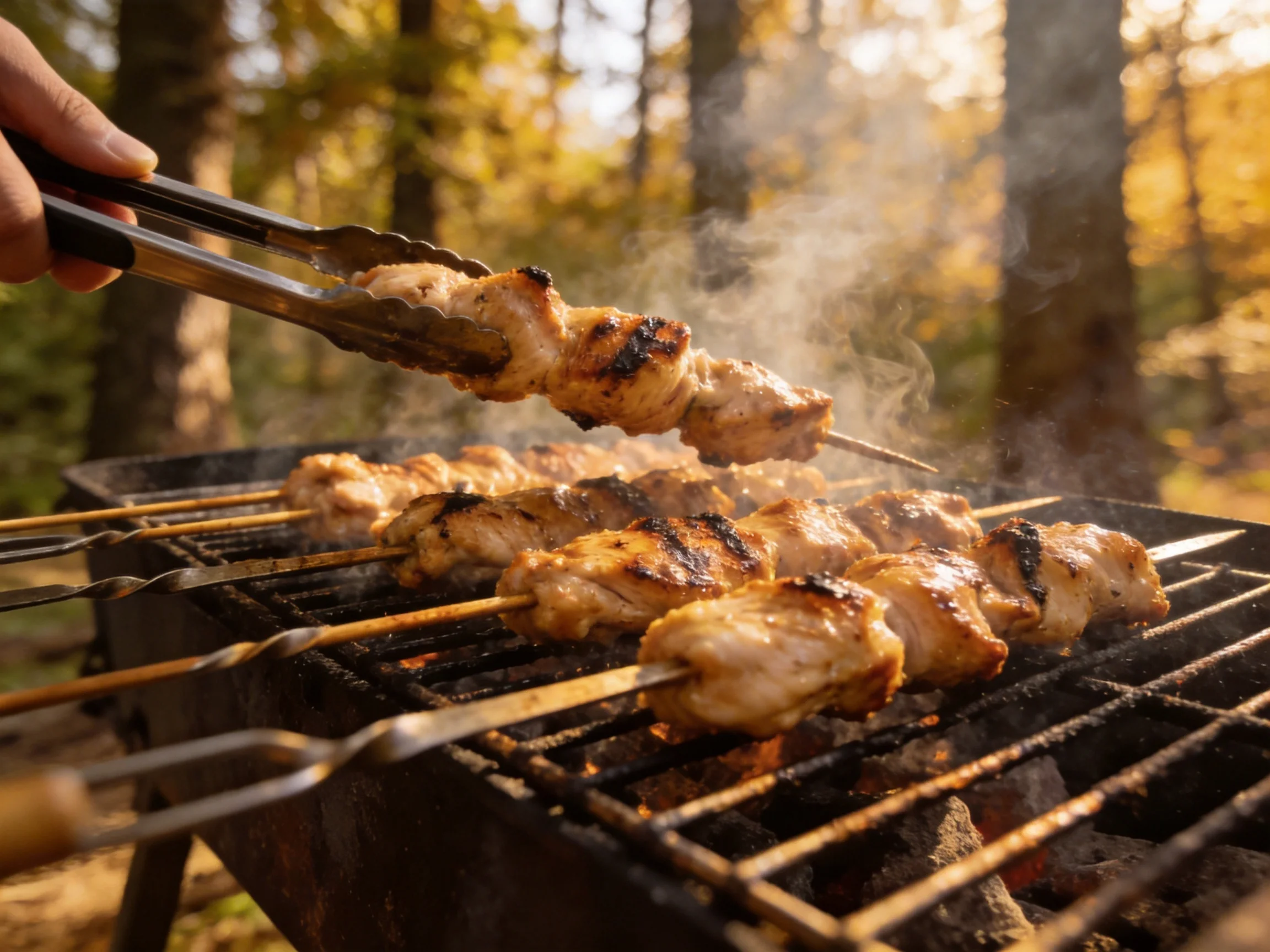 Skewered chicken grilling over charcoal in a sunlit forest
