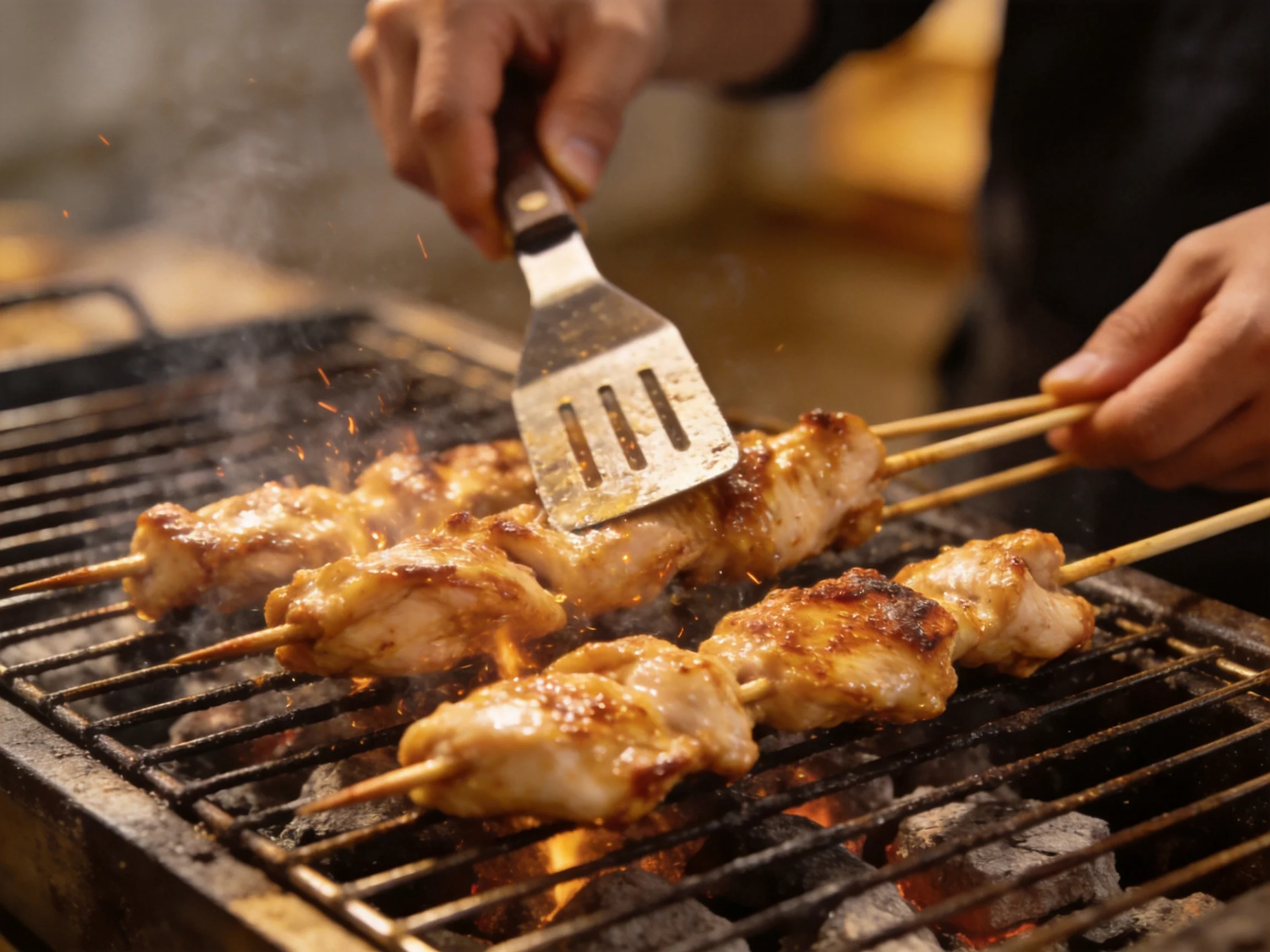 Skewered chicken pieces grilling over charcoal with a metal spatula