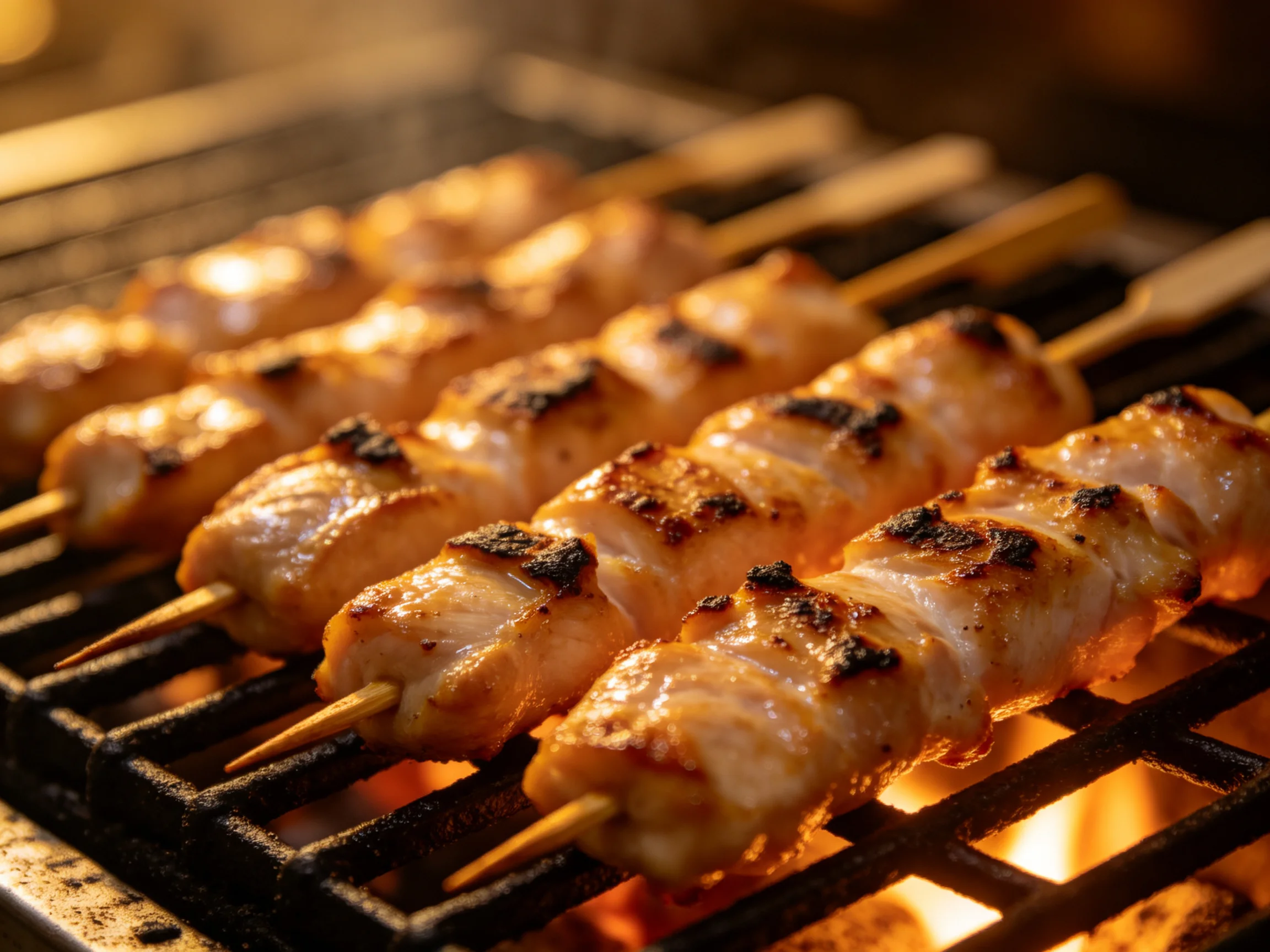 Skewered chicken pieces grilling over glowing embers