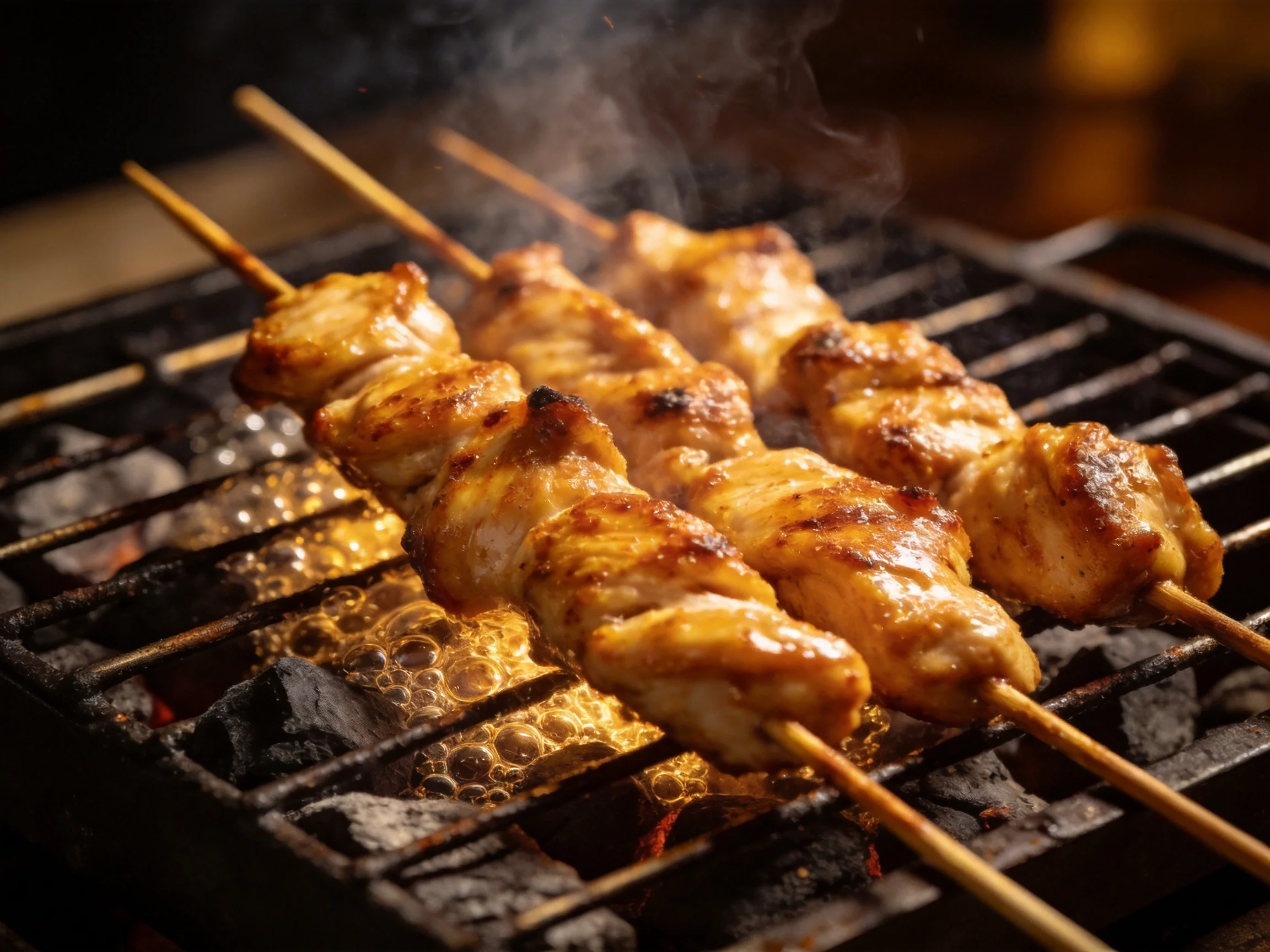 Skewered chicken pieces grilling over hot charcoal with smoke
