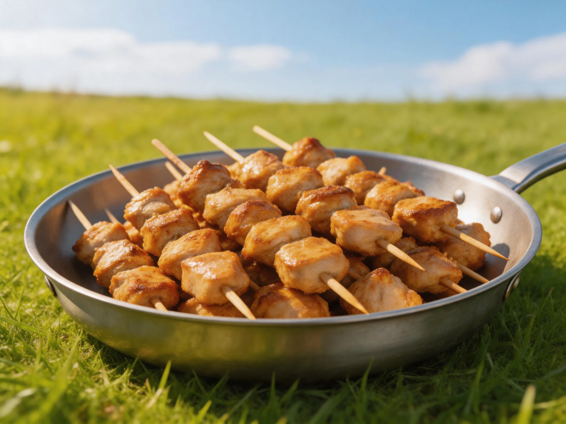 Skewered chicken pieces in a stainless steel pan on green grass