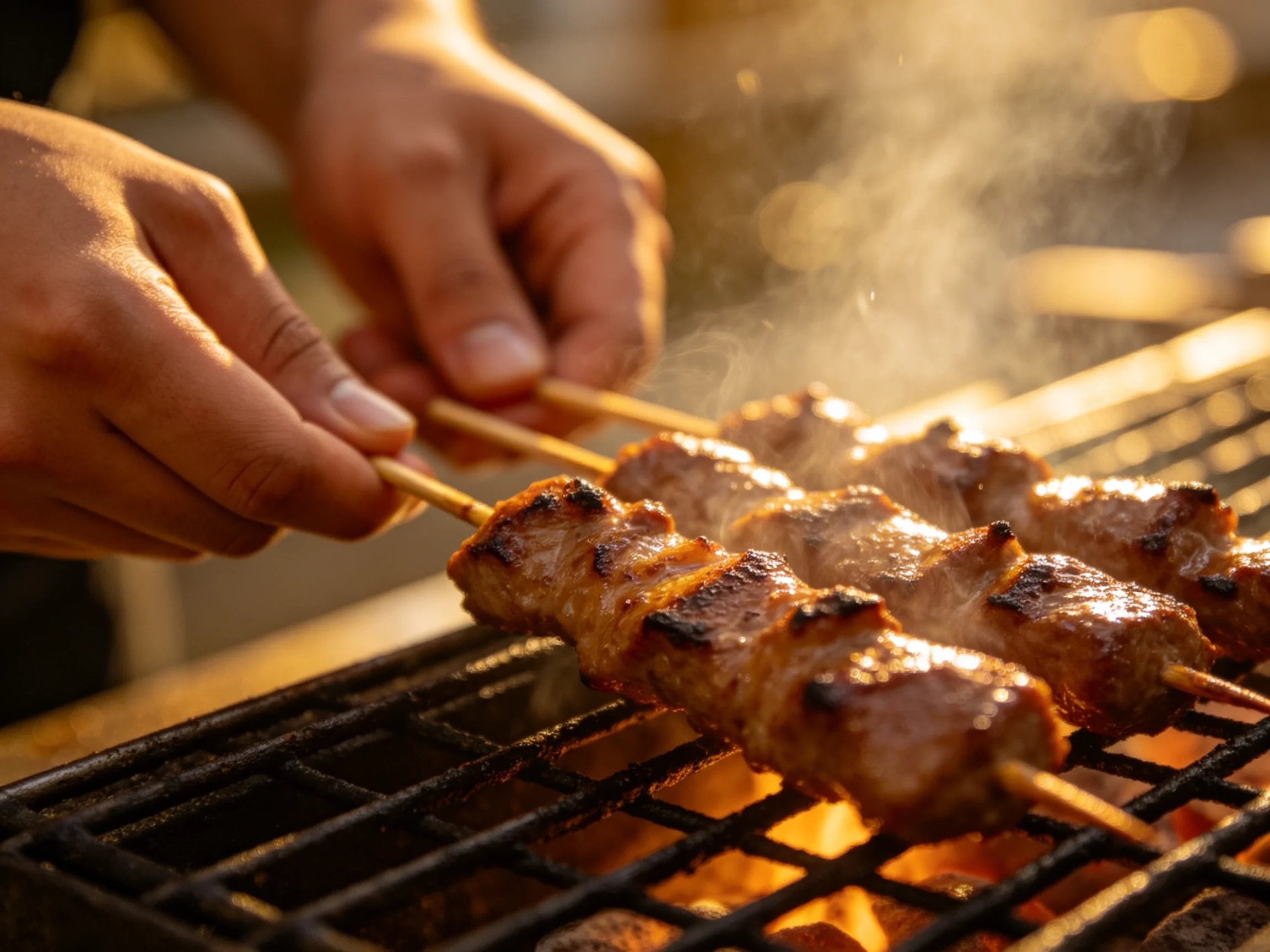 Skewered grilled meat cooks over a charcoal grill