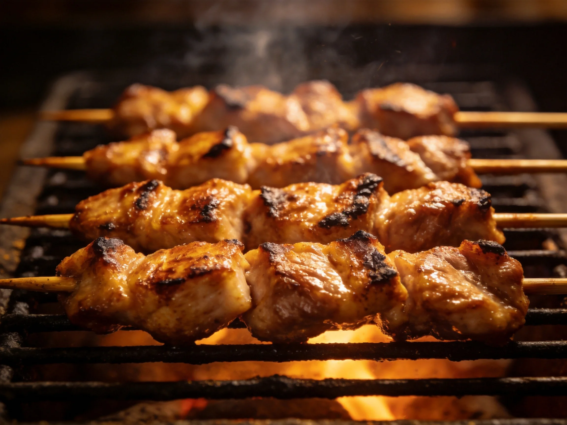 Skewered grilled meats cooking over bright flames on a barbecue