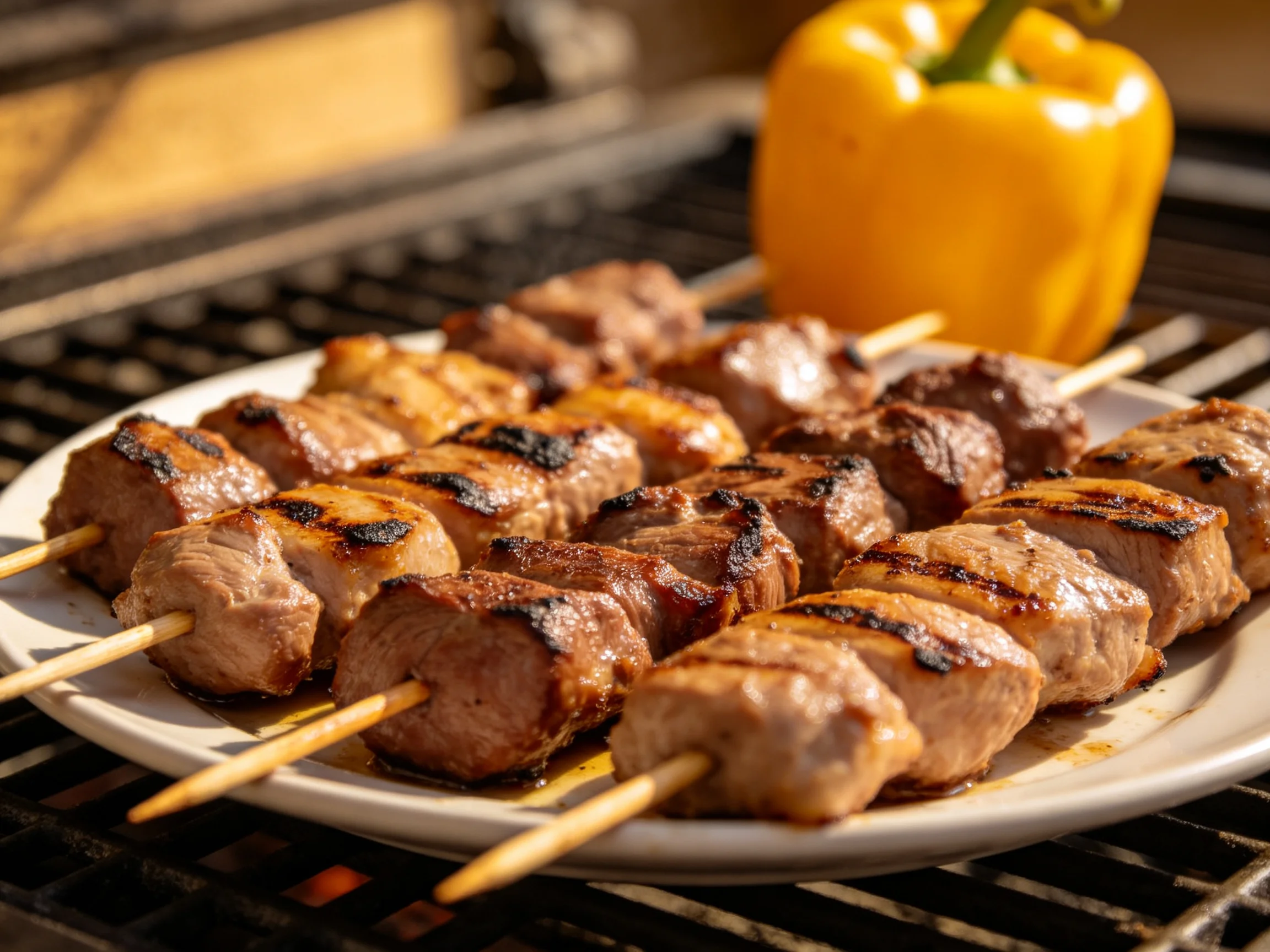 Skewered grilled meats with char marks, alongside a bright yellow bell pepper