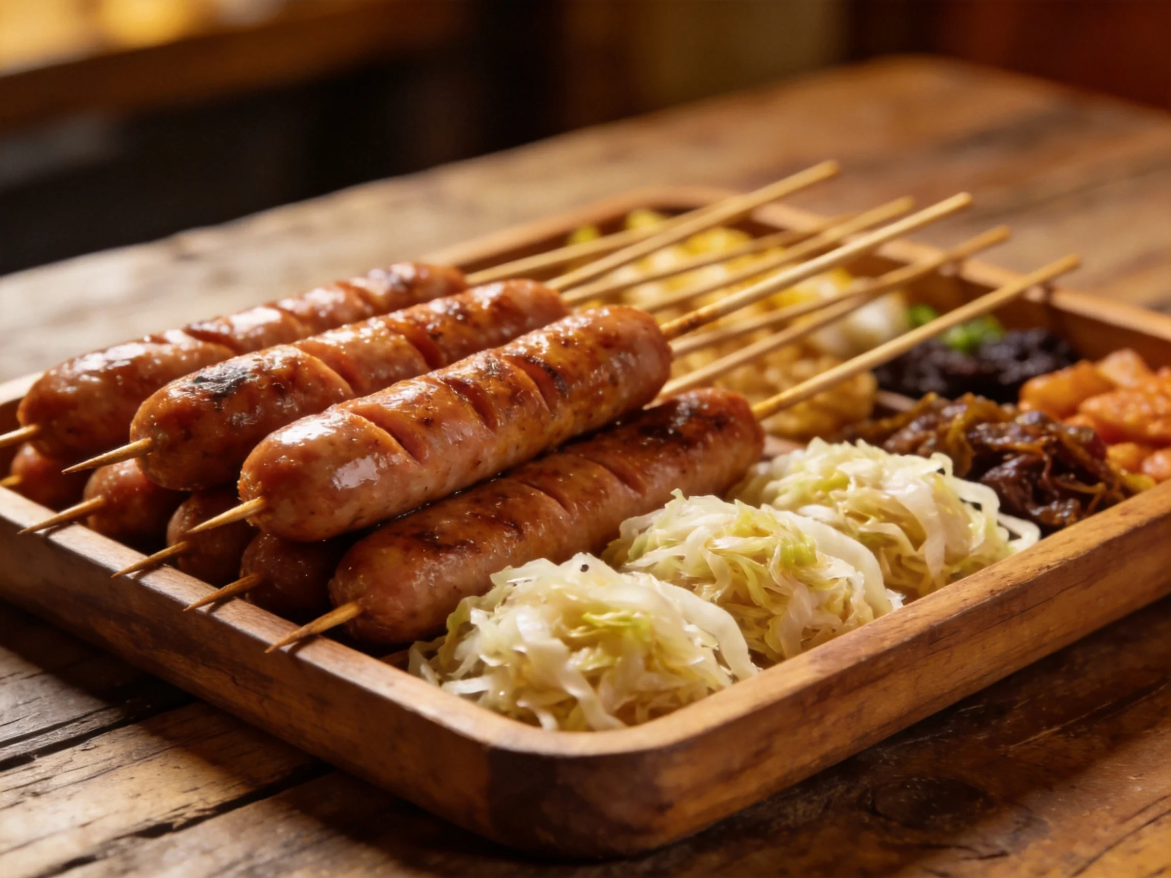 Skewered grilled sausages, cabbage, and assorted sides on a wooden platter
