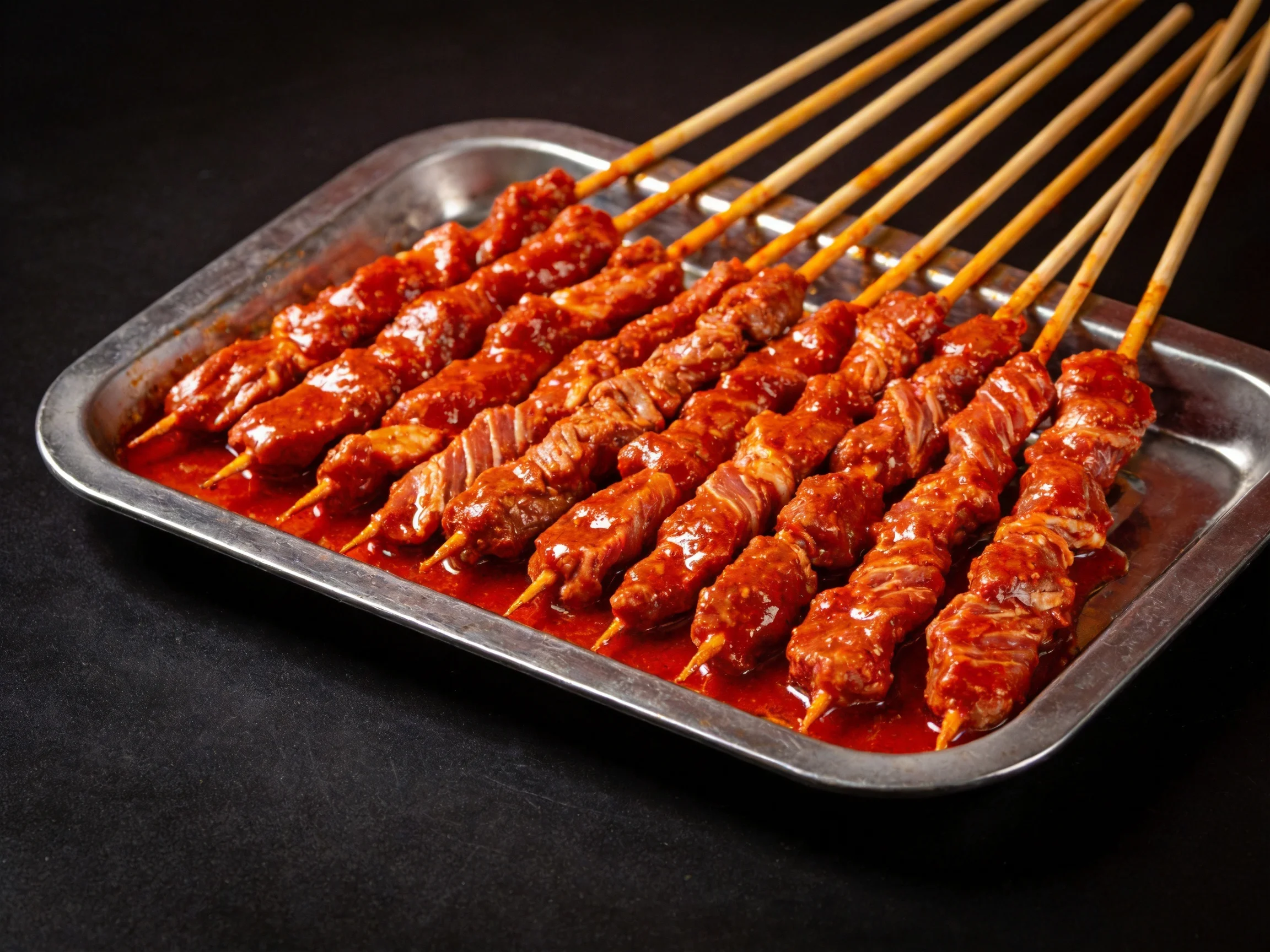 Skewered marinated meats in vibrant red sauce on a silver tray