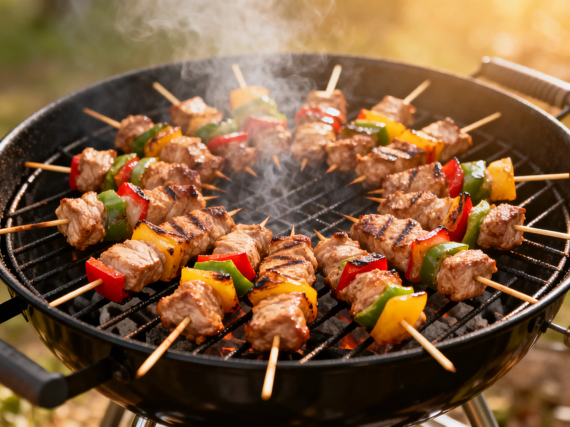 Skewered meat and colorful veggies grill on a black charcoal barbecue