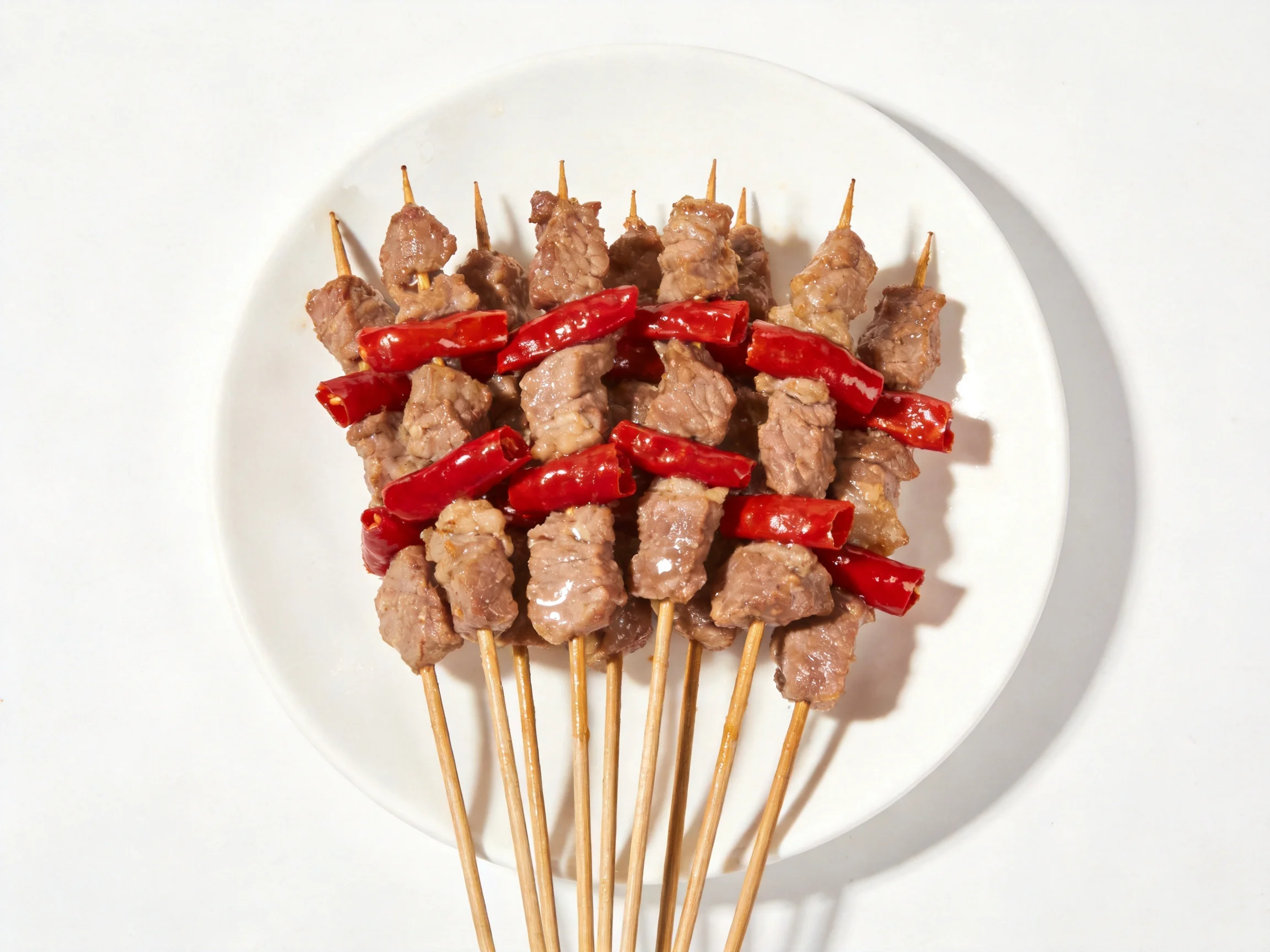 Skewered meat and red chili peppers displayed on a white plate