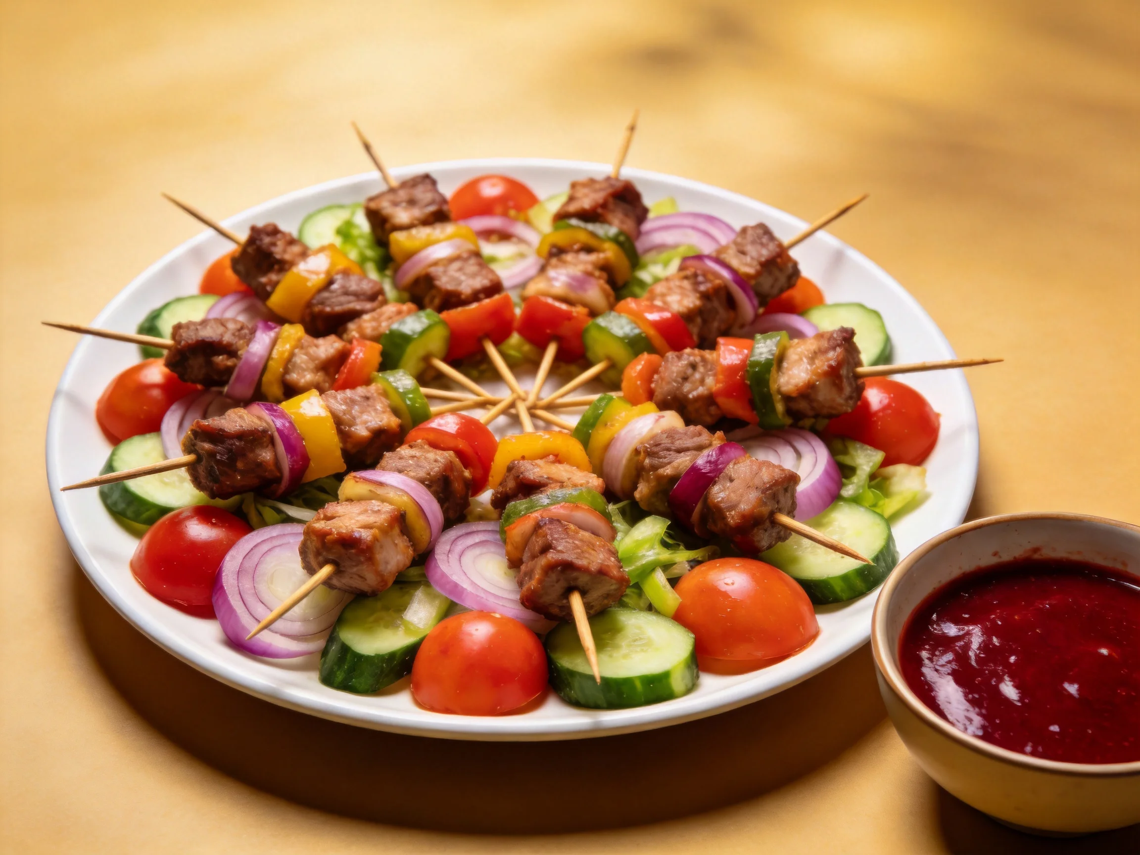 Skewered meat and vegetable platter with red sauce side dish