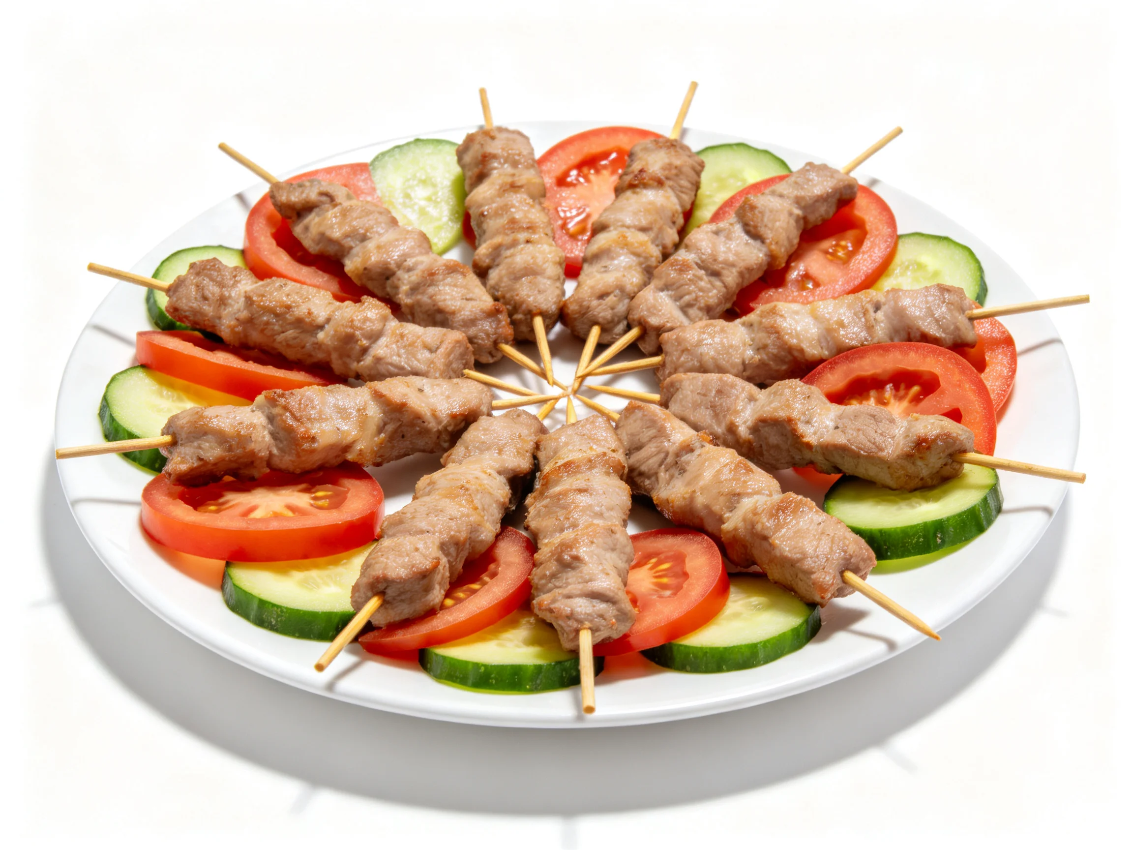 Skewered meat arranged with tomato and cucumber slices on a white plate