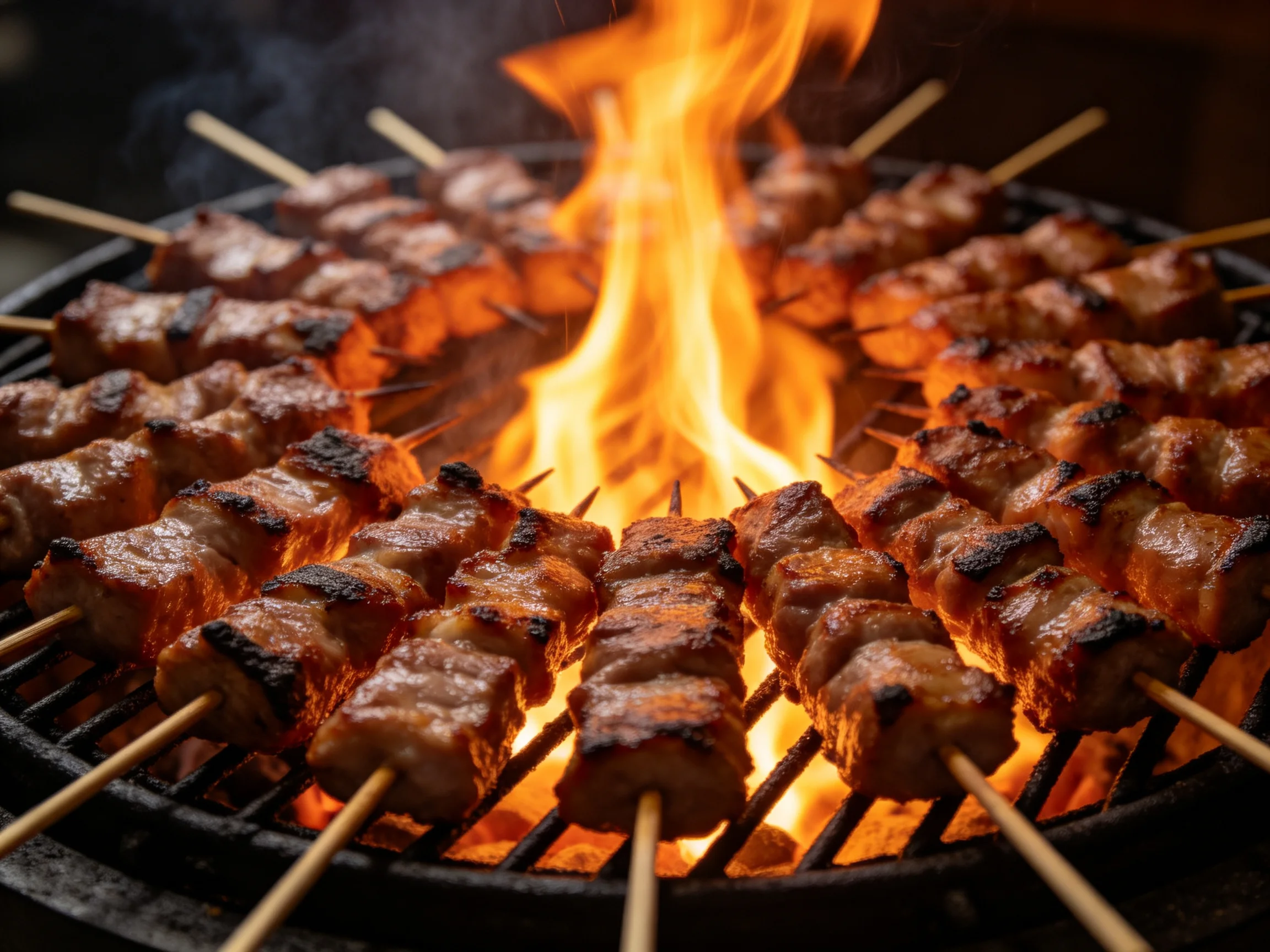 Skewered meat cooking over intense orange flames on a round charcoal grill