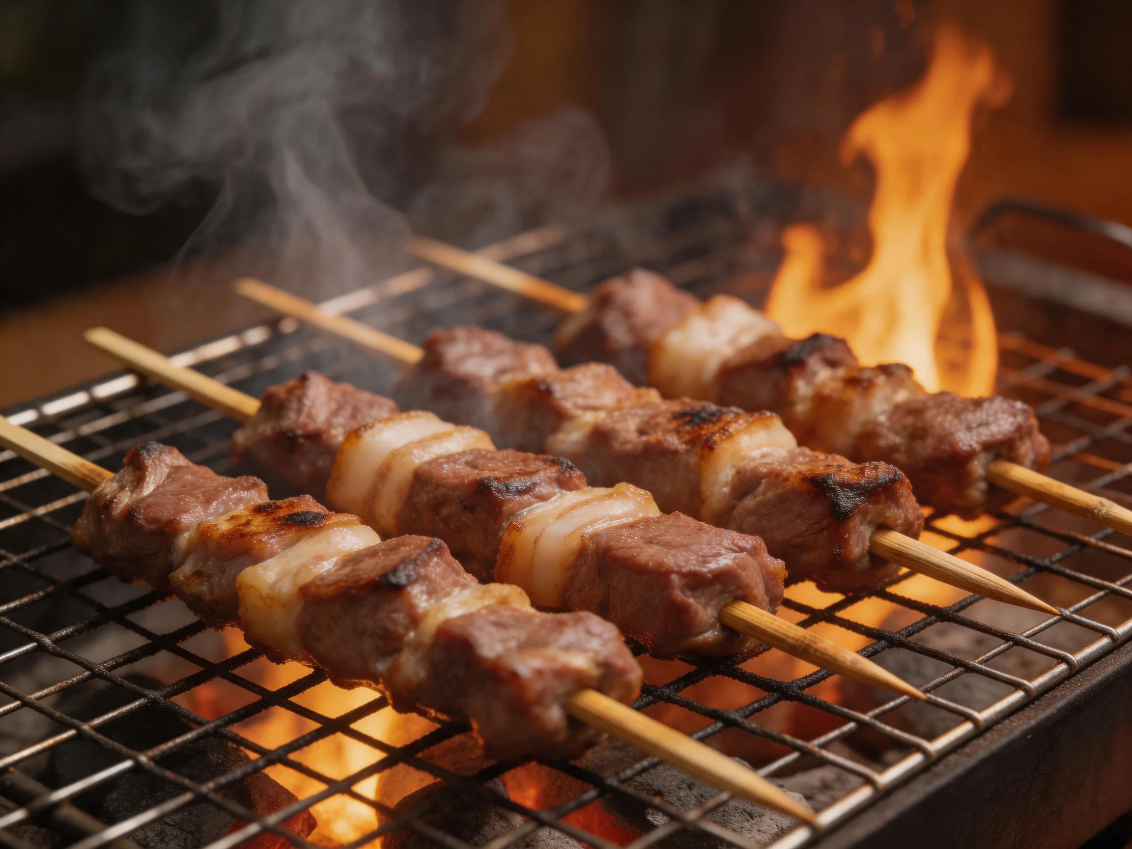 Skewered meat grilling over bright flames on a metal grill